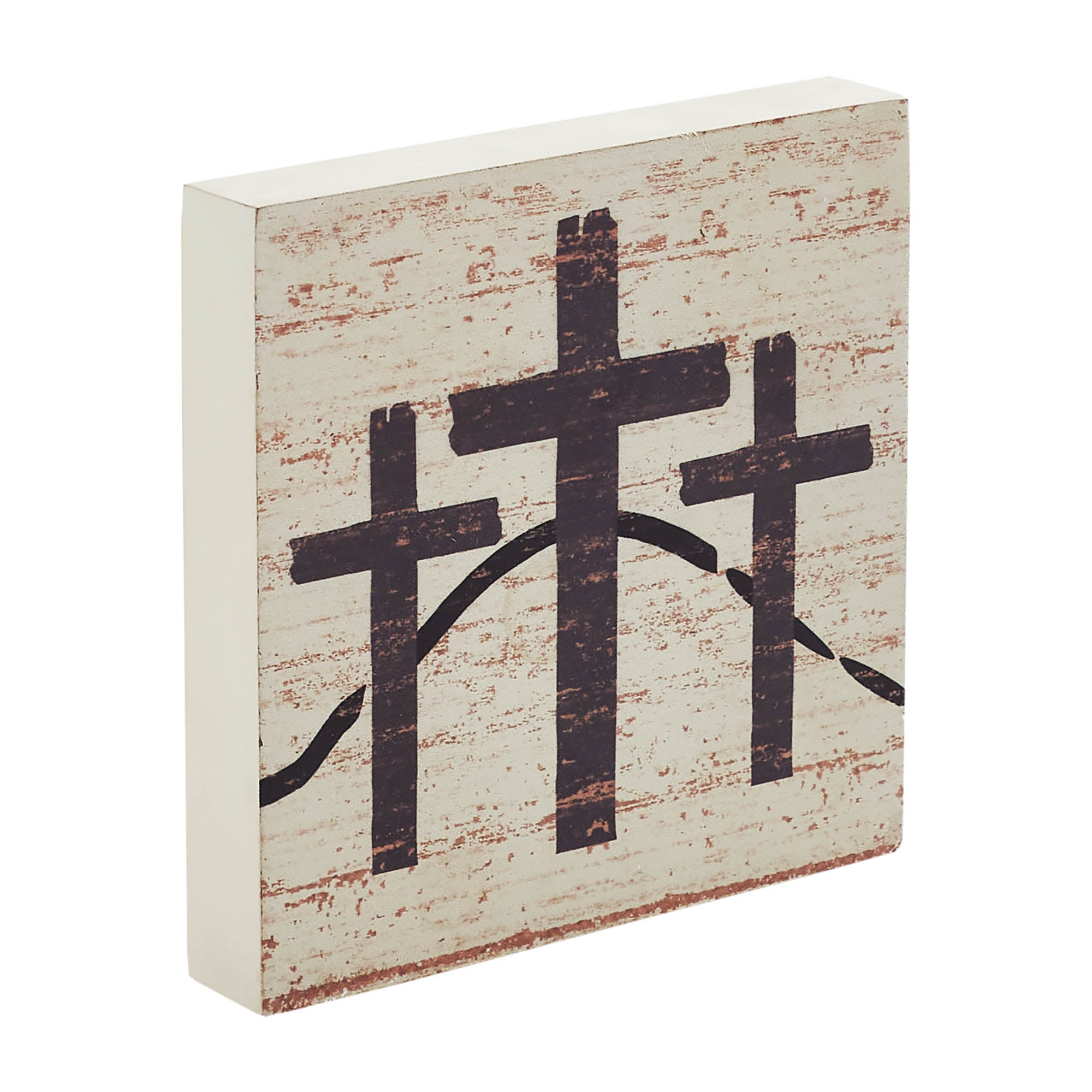 Celebrate Grace 3 Crosses Distressed Antique White MDF Block Sign