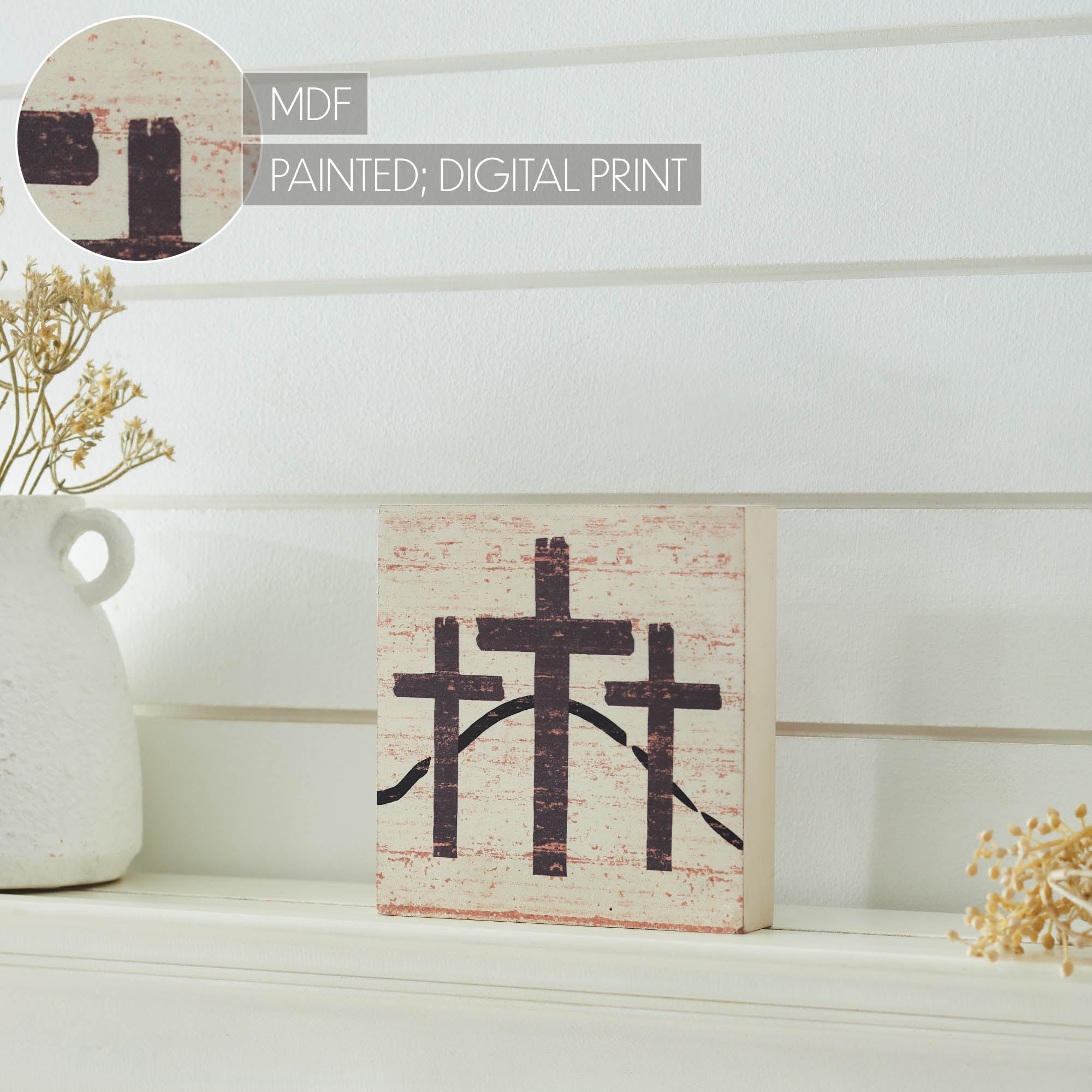 Celebrate Grace 3 Crosses Distressed Antique White MDF Block Sign