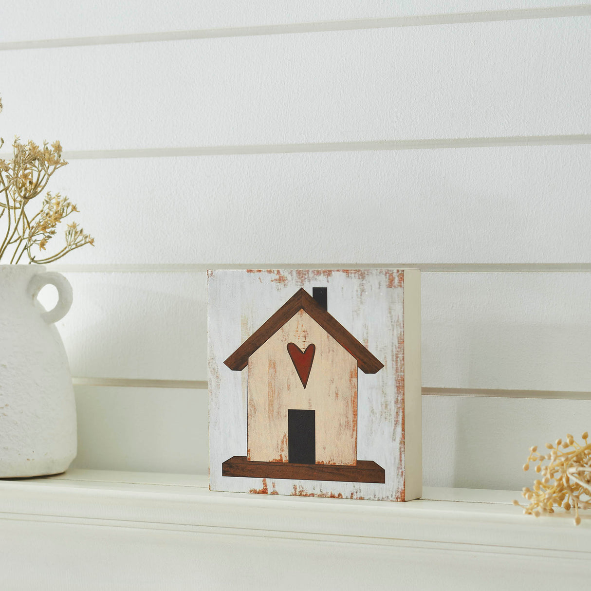 Spring In Bloom Home w/ Red Heart MDF Block Sign 6x6x1