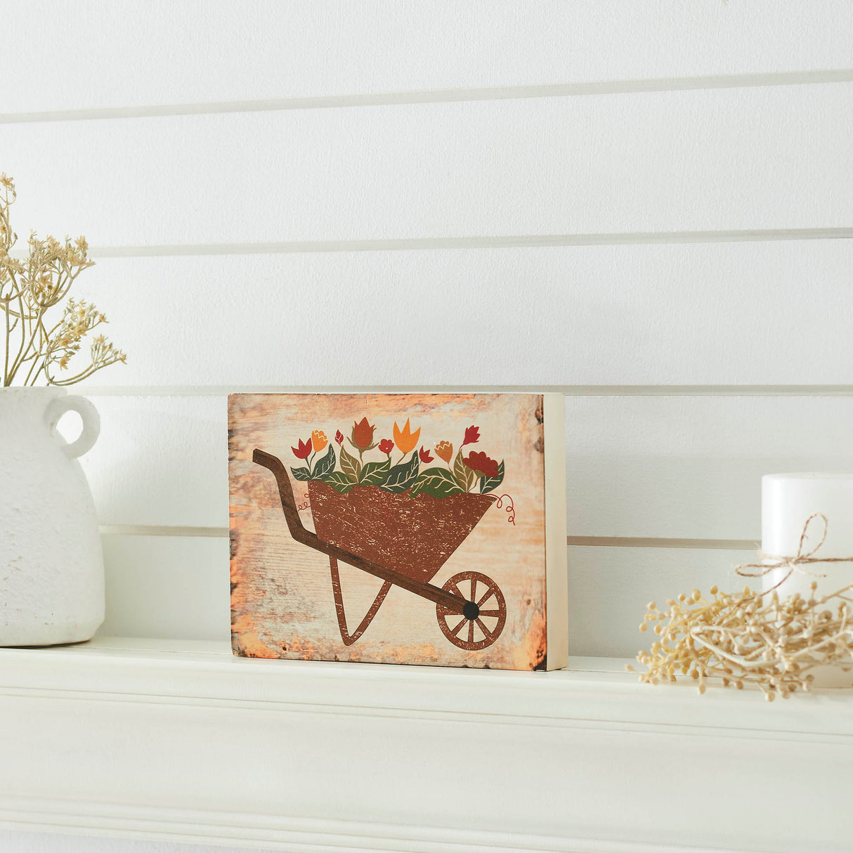 Spring In Bloom Wheelbarrow Of Flowers MDF Block Sign 6x8x1