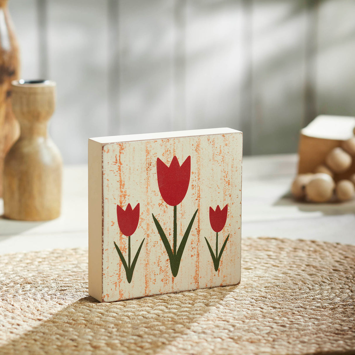 Spring In Bloom Red Tulips Distressed Antique White MDF Block Sign 5x5x1