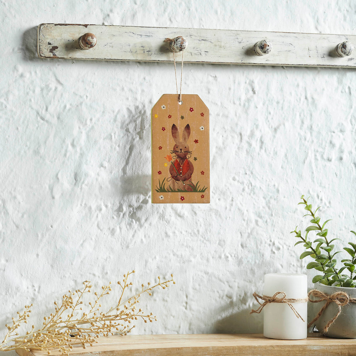 Spring In Bloom Bunny In Vest MDF Tag Ornament w/ Twine 7x3.75x0.5