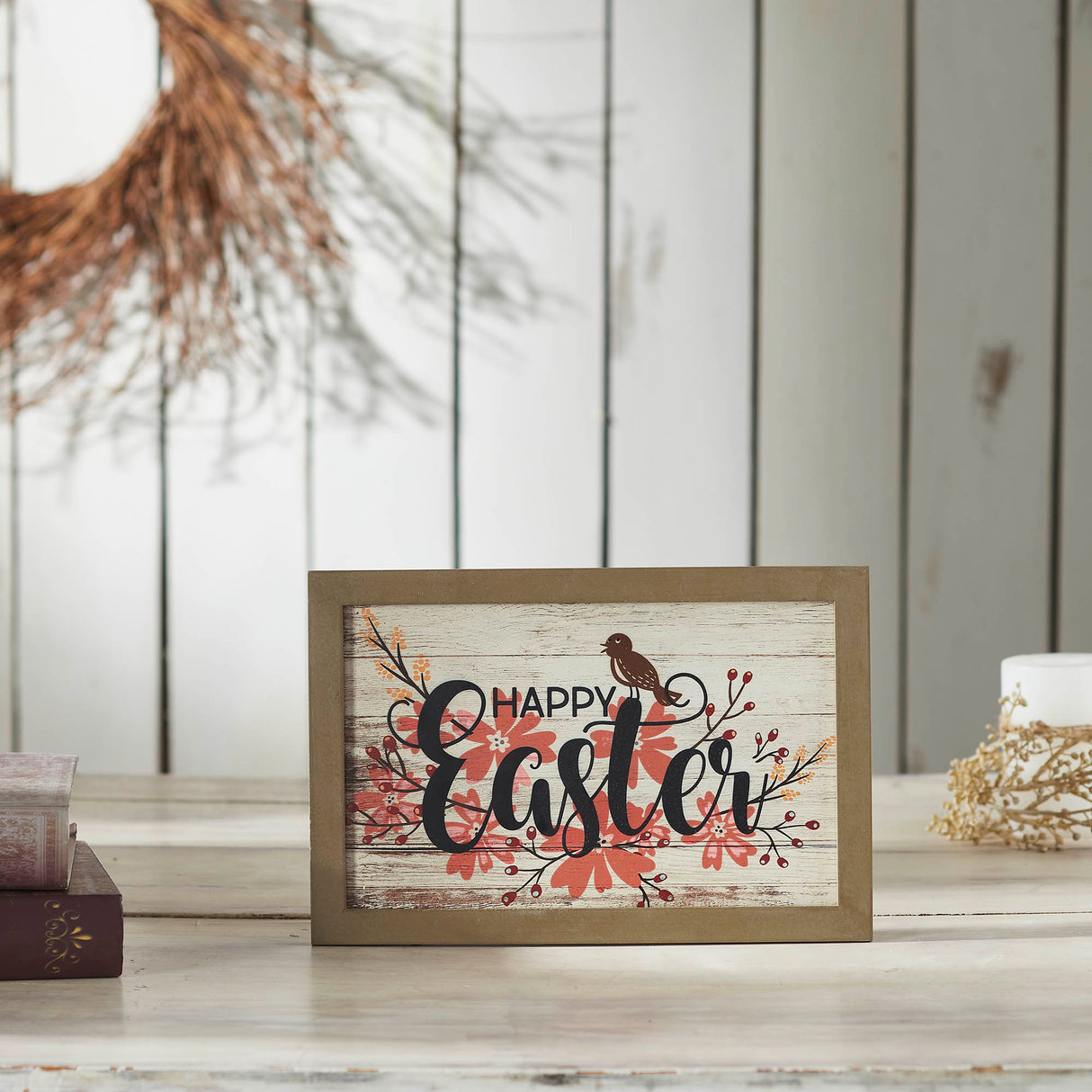 Spring In Bloom Happy Easter Floral w/ Songbird MDF Wall Sign 8x12x0.5