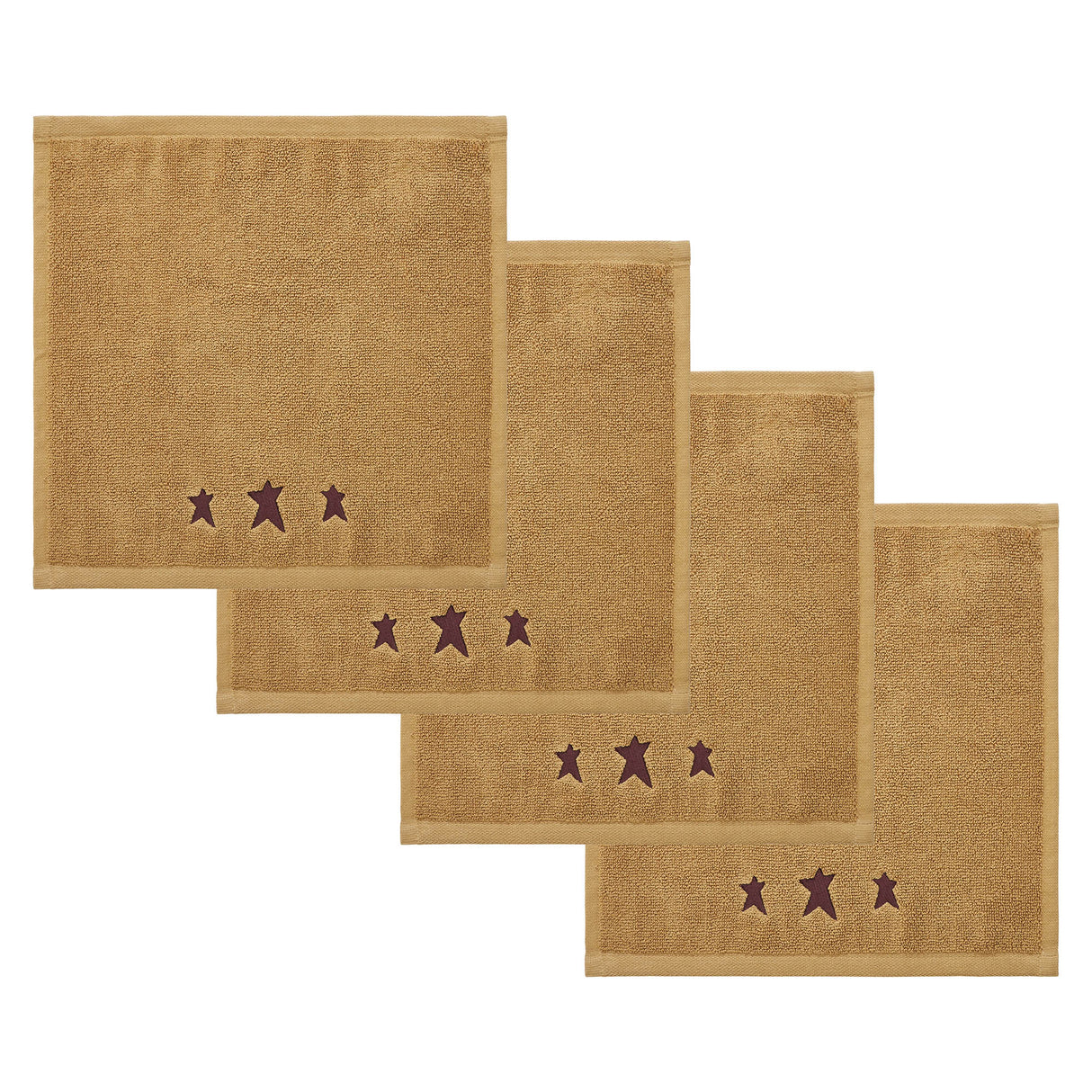 Burgundy Prim Stars Tan Washcloth Set of 4 12x12