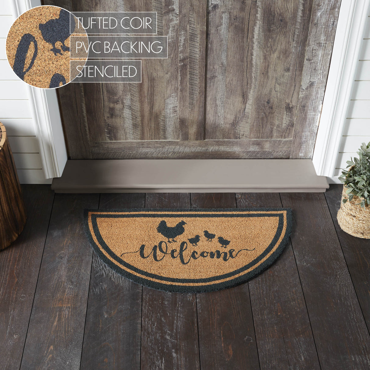 Down Home Hen & Chicks Coir Welcome Rug Half Circle 16.5x33