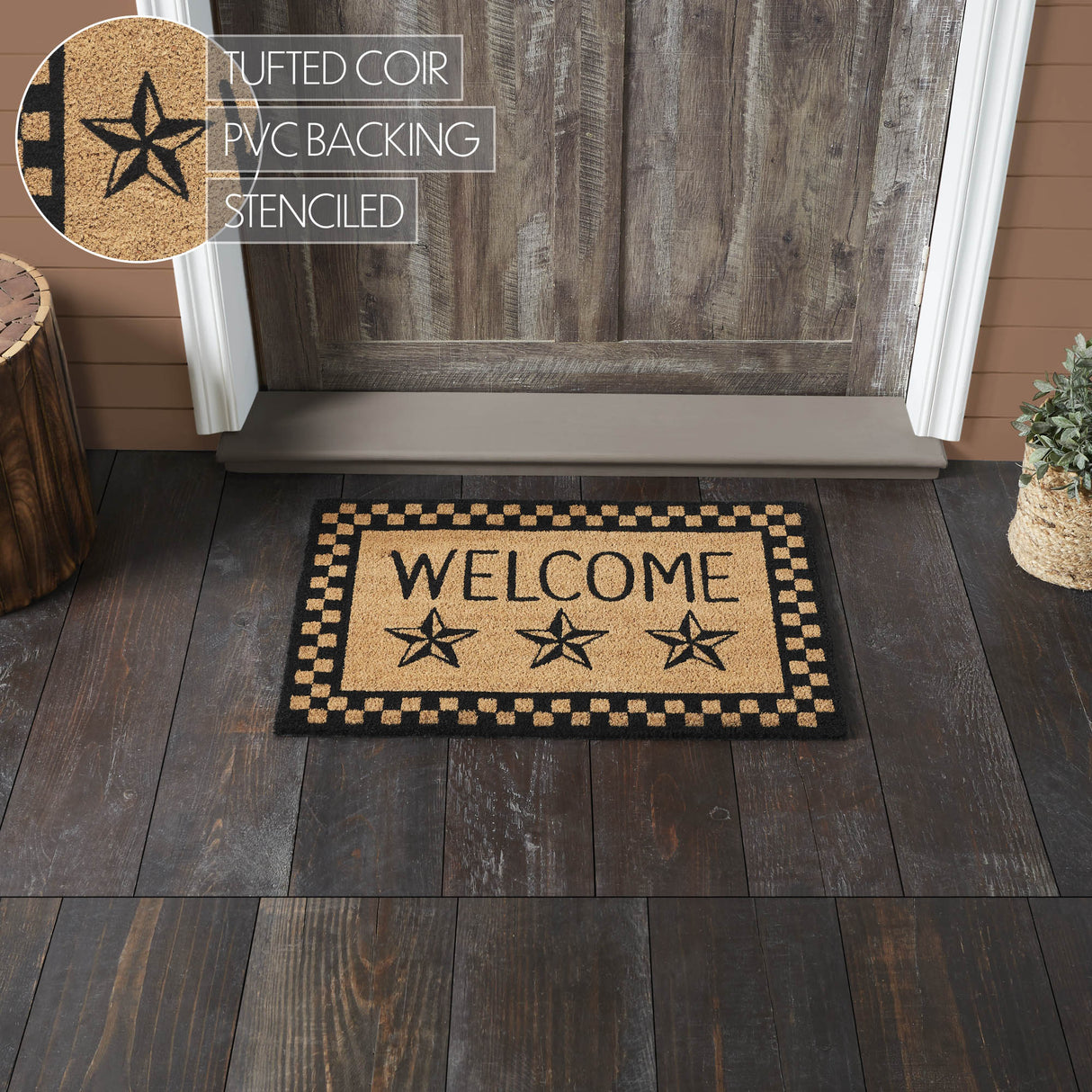 Black Check Stars Coir Welcome Rug Rect 20x30
