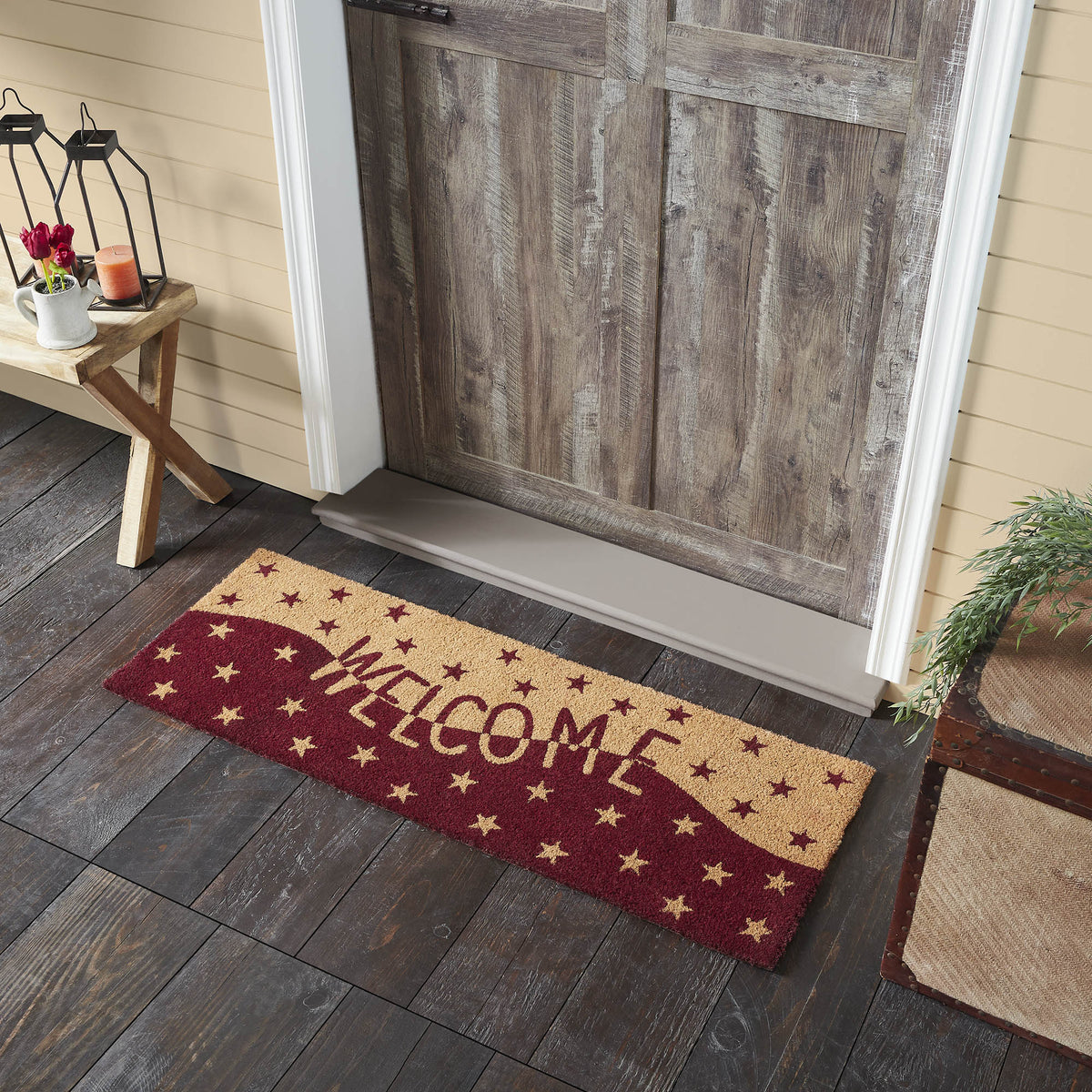Brown Welcome Rug Burgundy Tan Stars Coir Welcome Rug Rect 17x48 – VHC Brands Home Decor