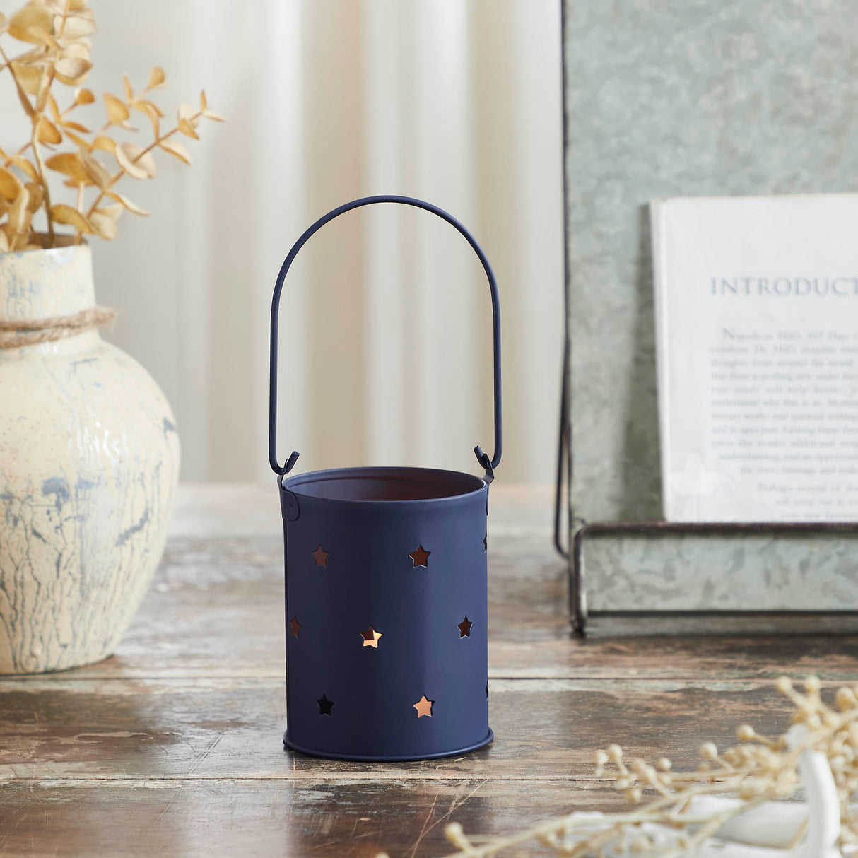 Votive Candle Holder w/ Stars Cutout Navy 3.75x3