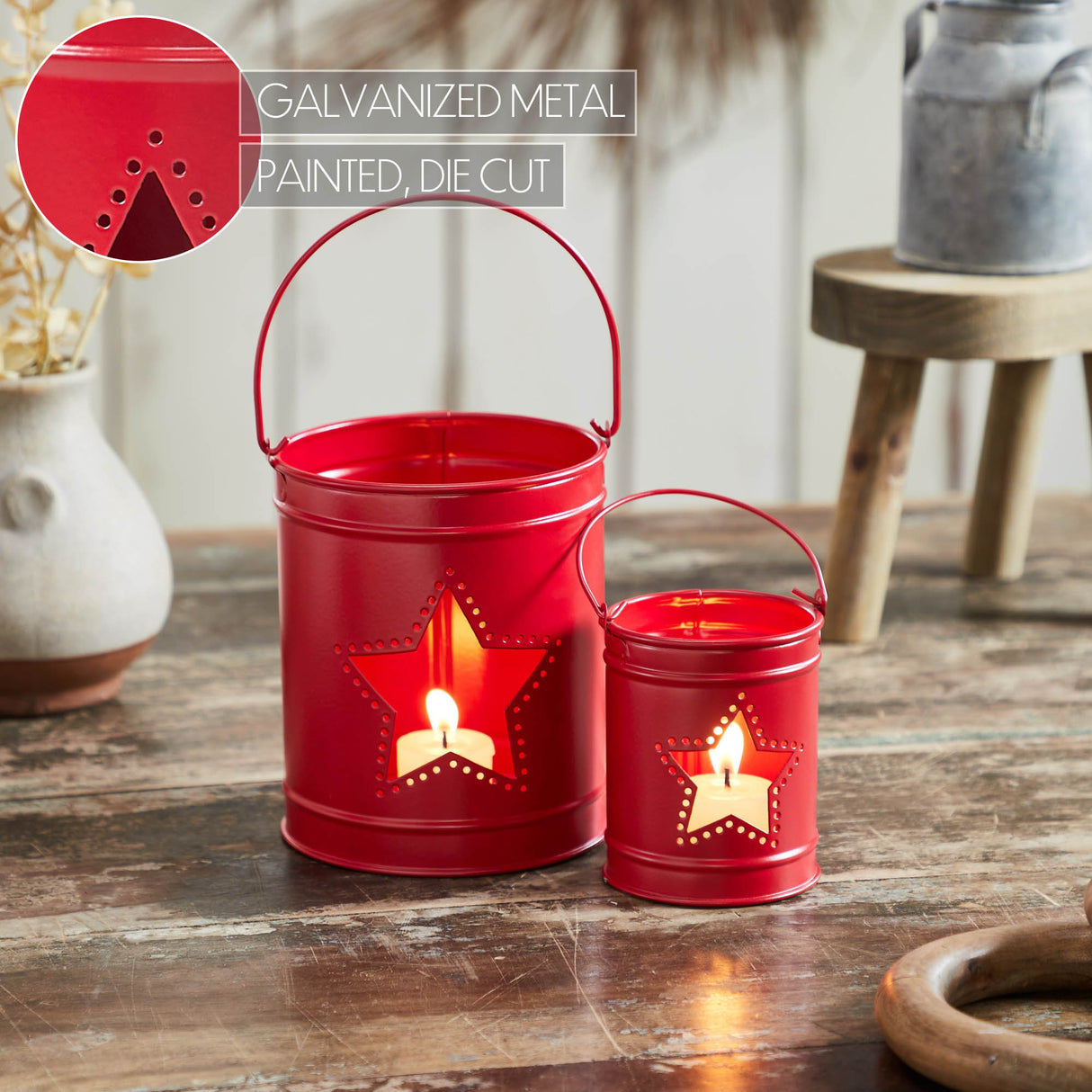 Votive Candle Holder w/ Star Cutout Barn Red Set of 2 Sizes