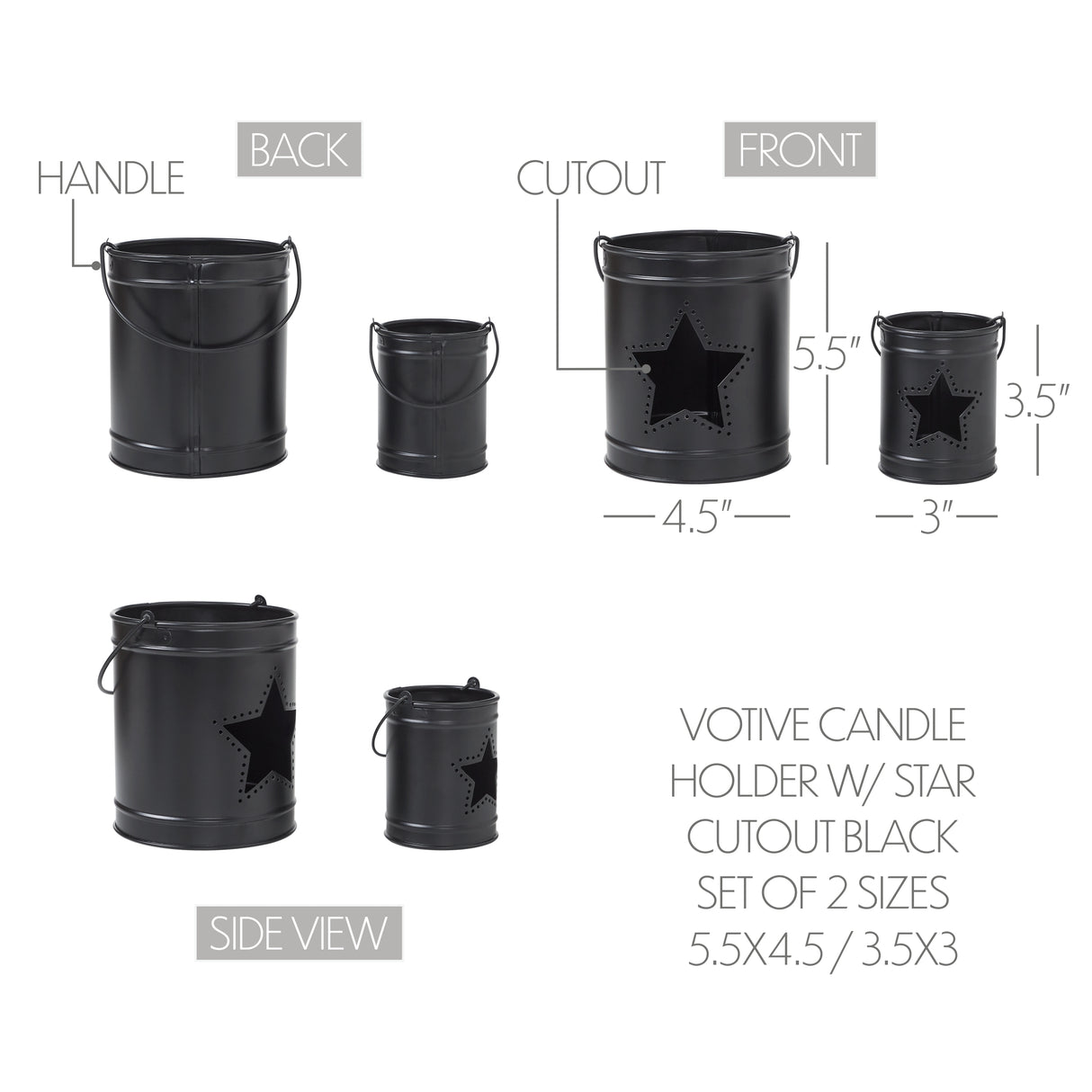 Votive Candle Holder w/ Star Cutout Black Set of 2 Sizes