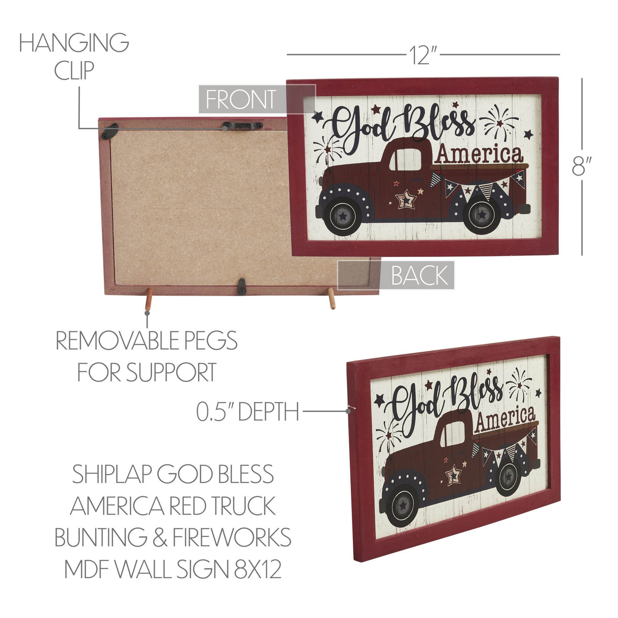 Shiplap God Bless America Red Truck Bunting & Fireworks MDF Wall Sign 8x12