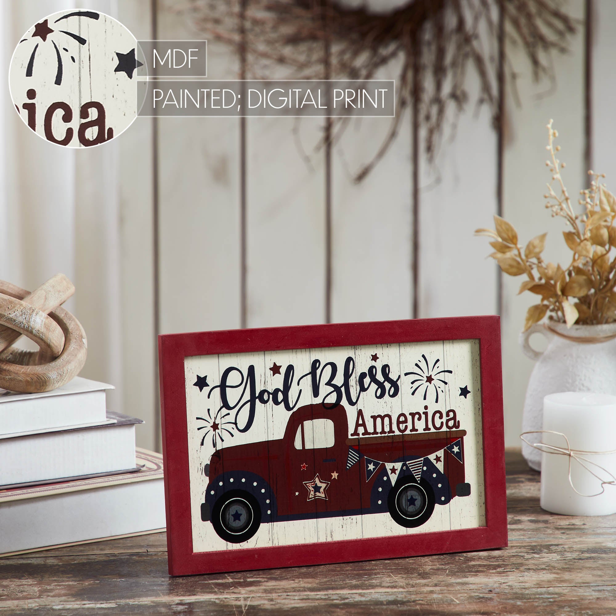 Shiplap God Bless America Red Truck Bunting & Fireworks MDF Wall Sign