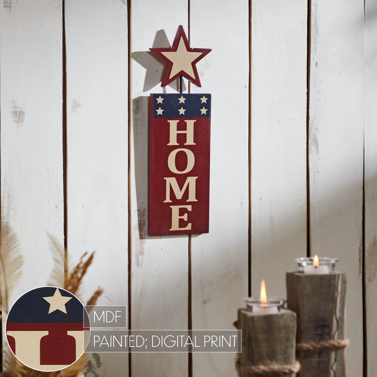 HOME w/ Star In Red Outline MDF Wall Hanging 16x5