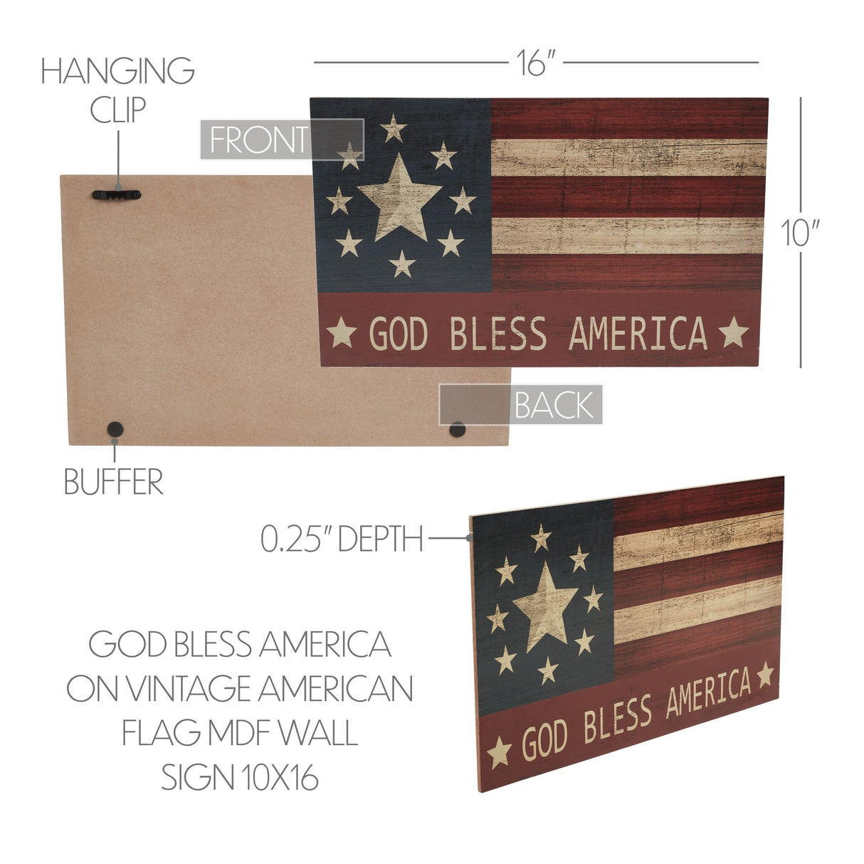 GOD BLESS AMERICA On Vintage American Flag MDF Wall Sign 10x16