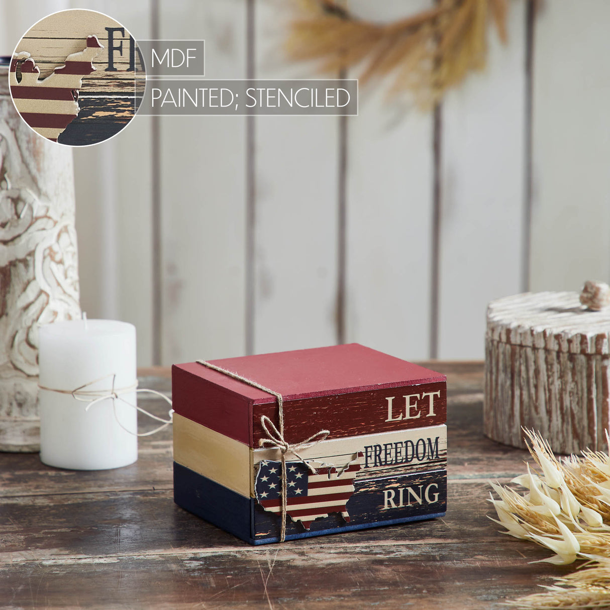 Let Freedom Ring MDF Block Sign w/ American Map Ornament On Twine 4x6x5