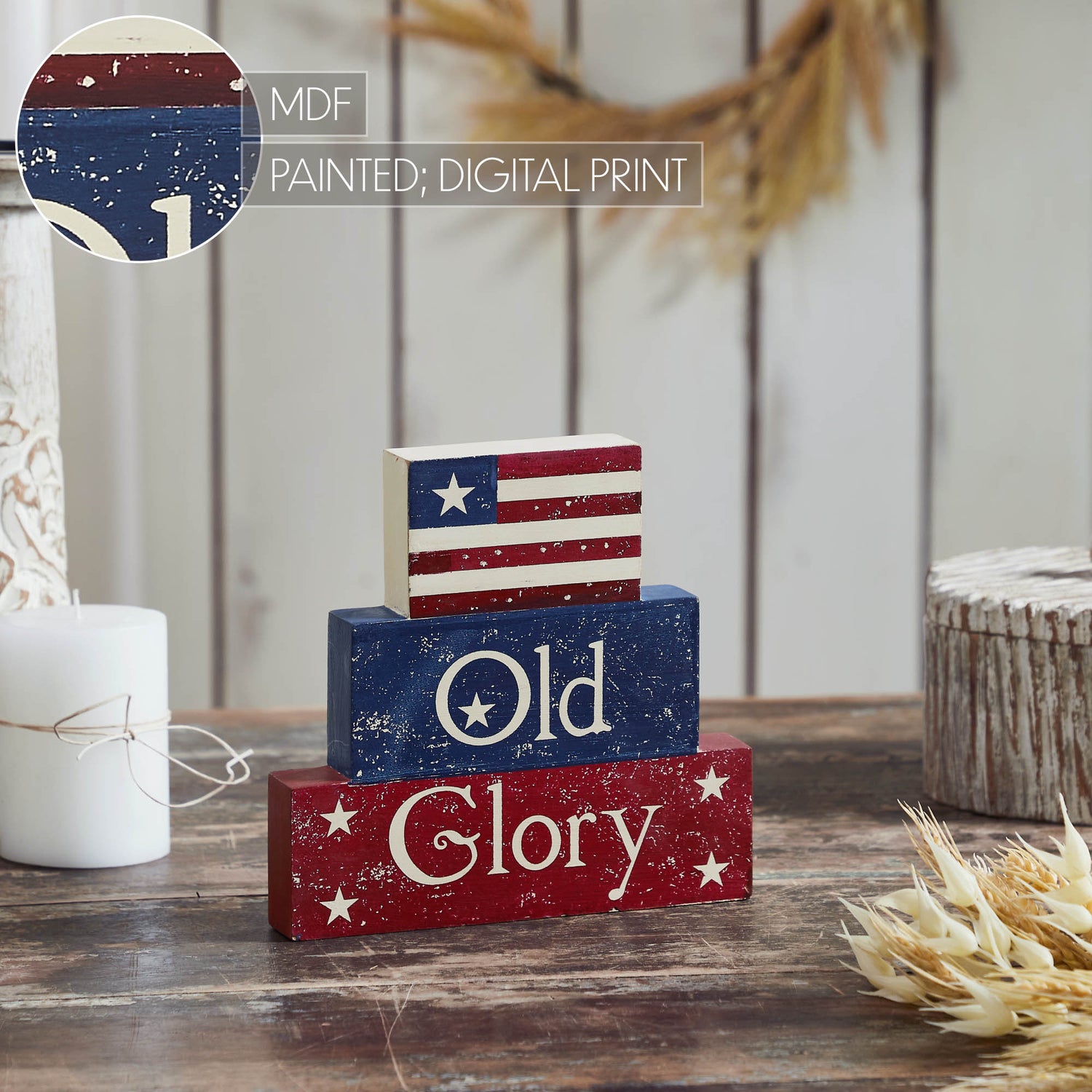 Vintage Old Glory w/ Flag MDF Block Sign 7.5x8x1.125