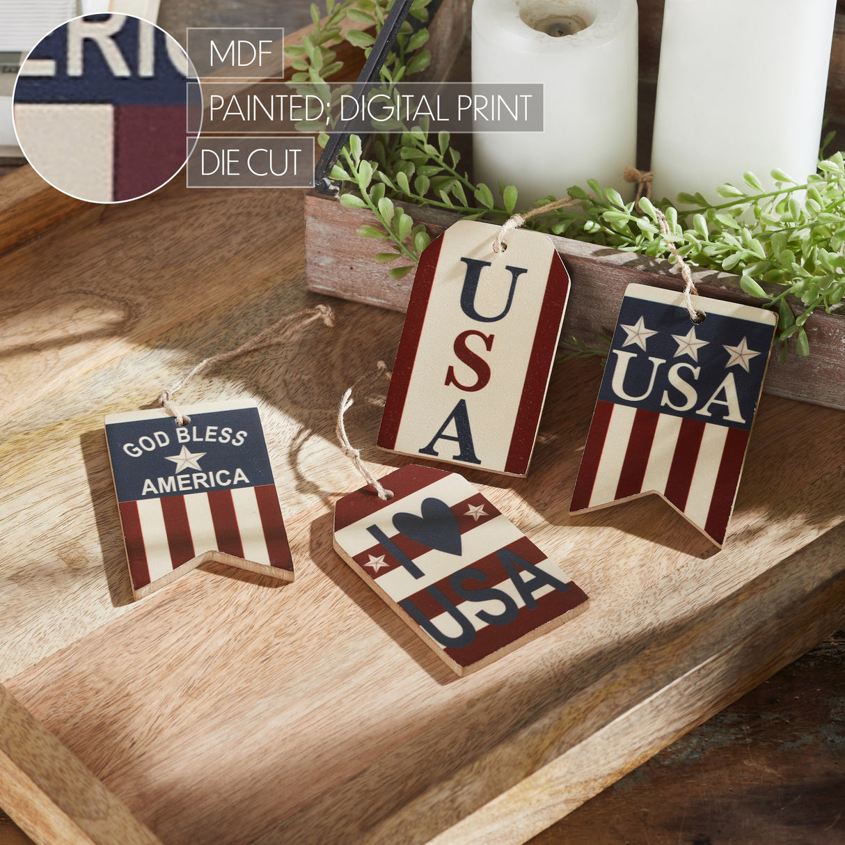My Country USA RWB MDF Ornament w/ Twine Set of 4 4x2.5x0.25