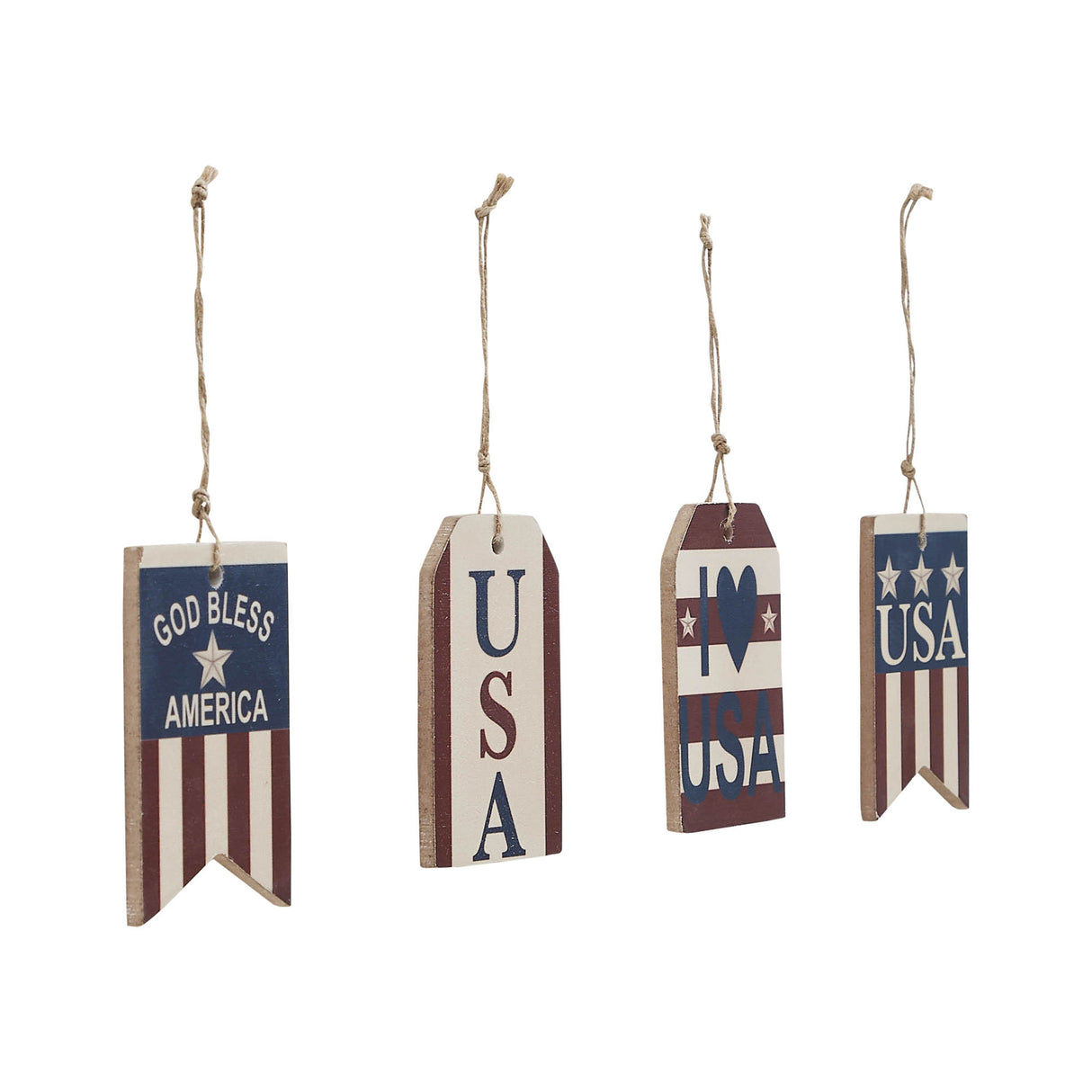 My Country USA RWB MDF Ornament w/ Twine Set of 4 4x2.5x0.25