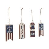 My Country USA RWB MDF Ornament w/ Twine Set of 4 4x2.5x0.25