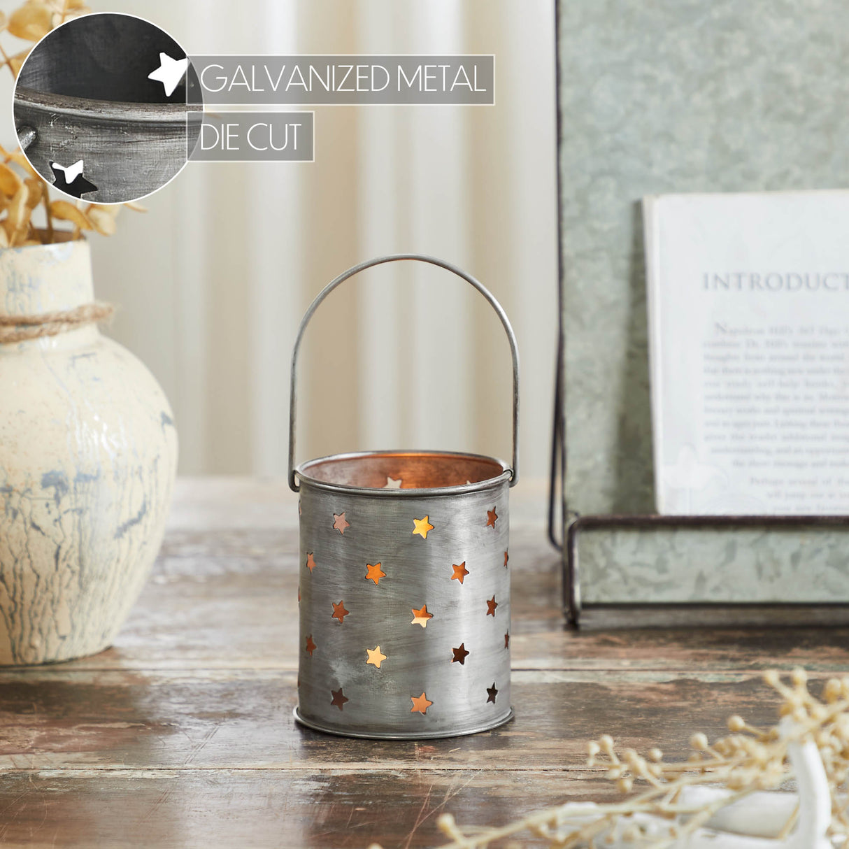 Votive Candle Holder w/ Punched Stars Black Zinc Iron 3.75x3.25x3.25