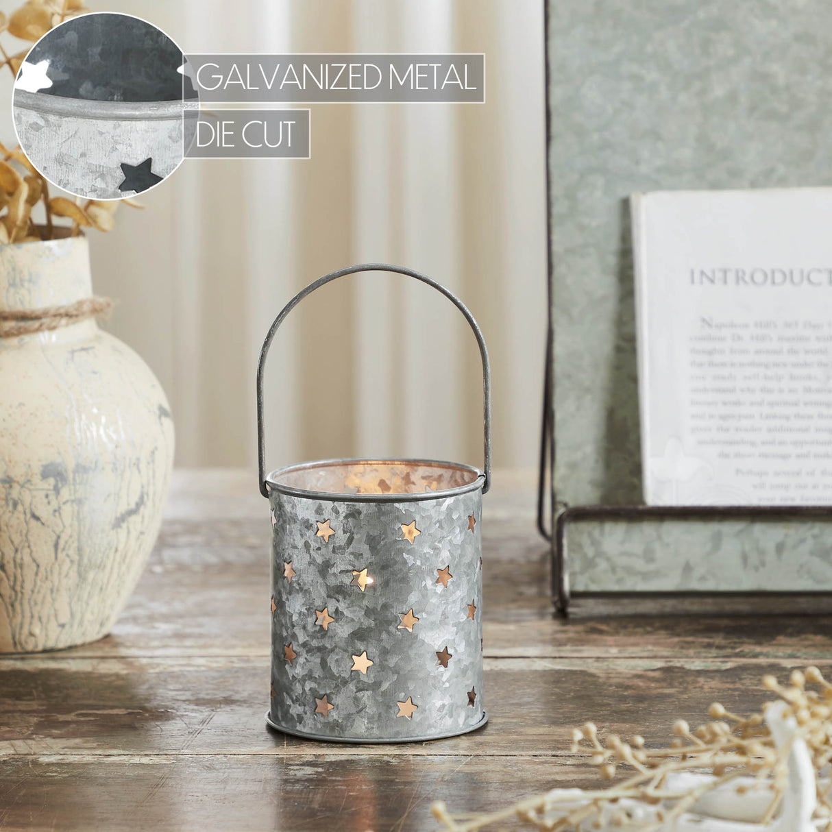 Votive Candle Holder w/ Punched Stars Galvanized 3.75x3.25x3.25