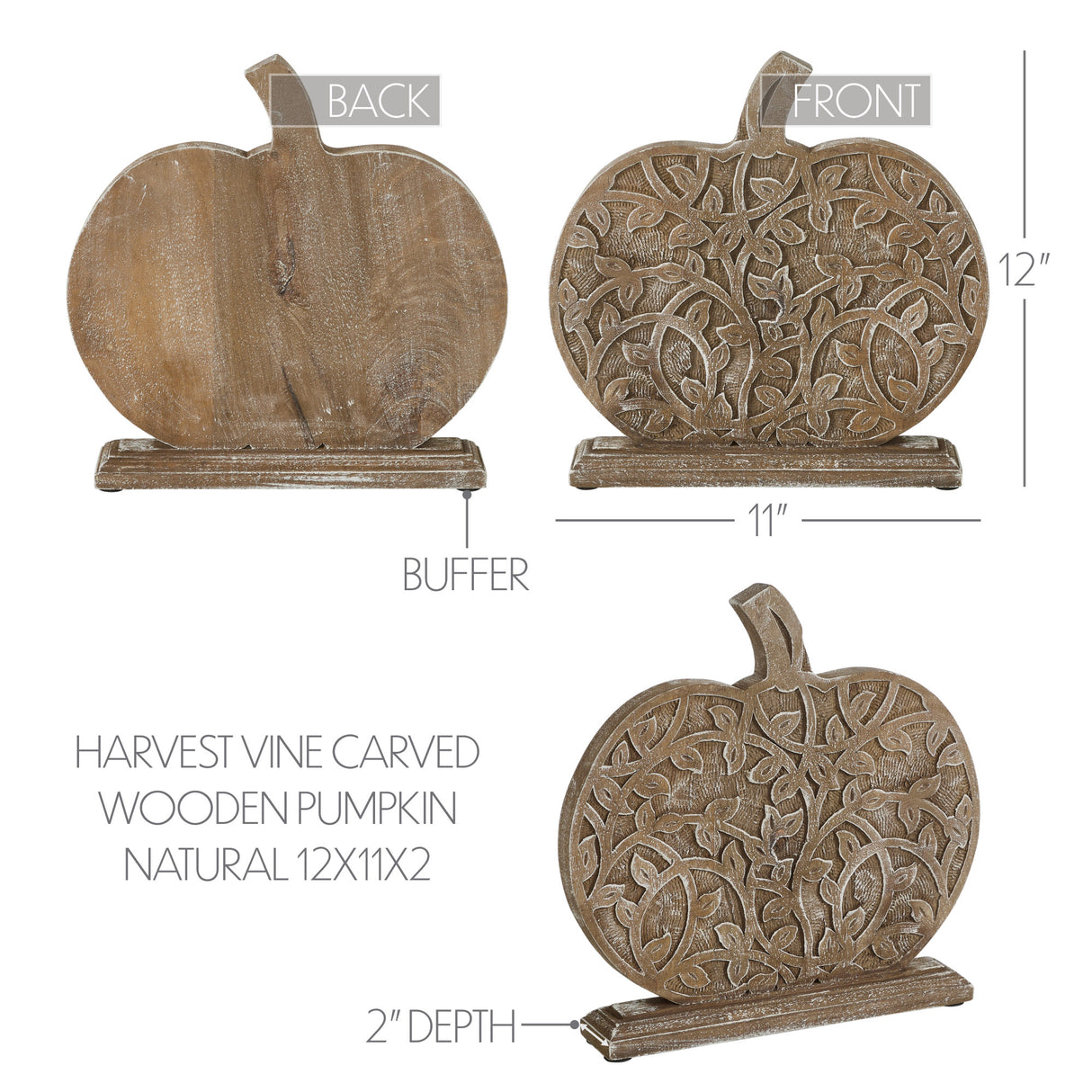 Harvest Vine Carved Wooden Pumpkin Natural 12x11x2