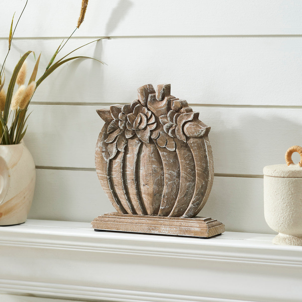Floral Crown Carved Wooden Pumpkin 8.5x8x2