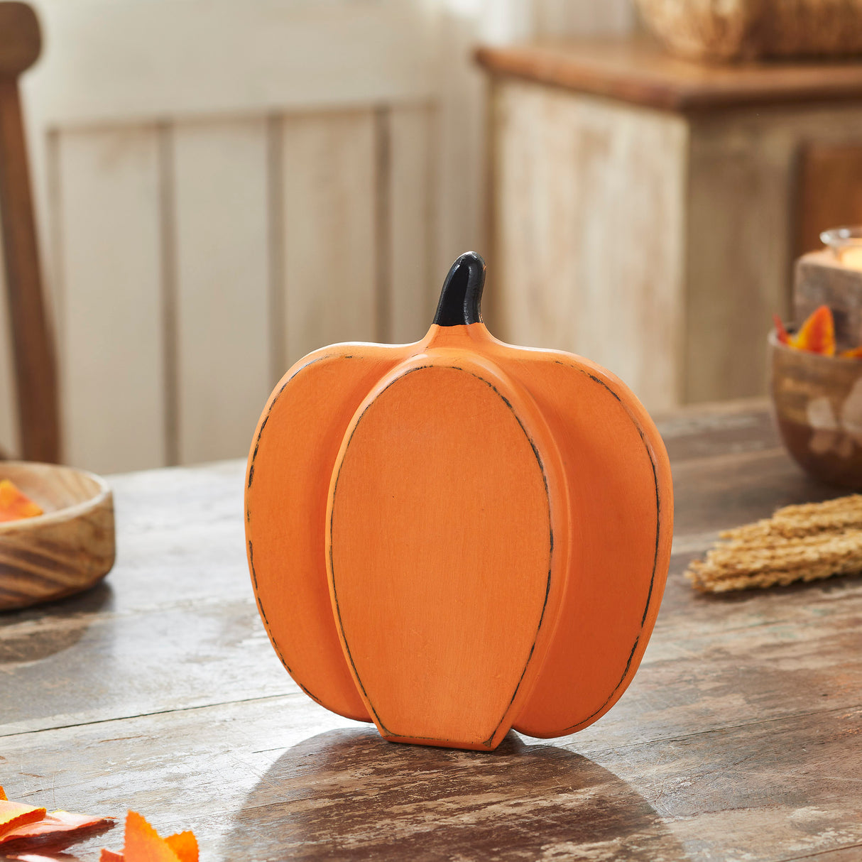 Short Orange Wooden Pumpkin 9x8x2