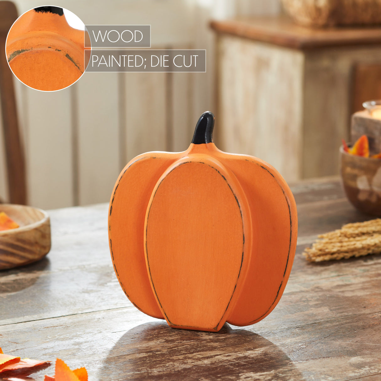 Short Orange Wooden Pumpkin 9x8x2