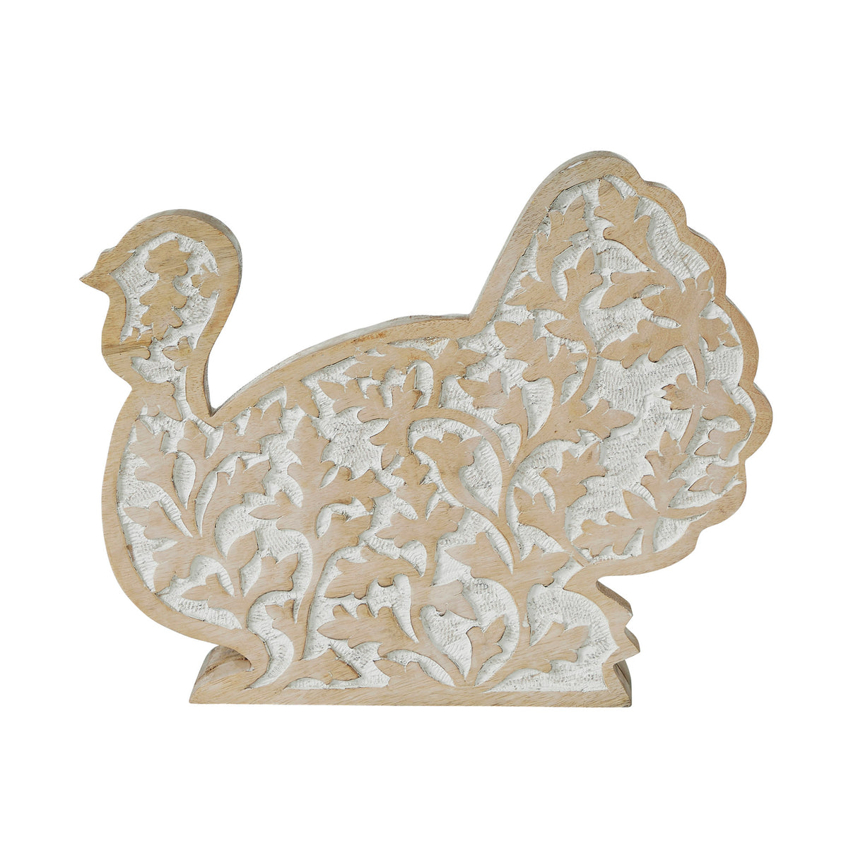 White Wash Wooden Harvest Leaf Carved Turkey 11.5x13.5x2.5