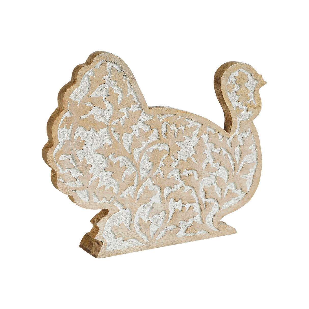 White Wash Wooden Harvest Leaf Carved Turkey 11.5x13.5x2.5