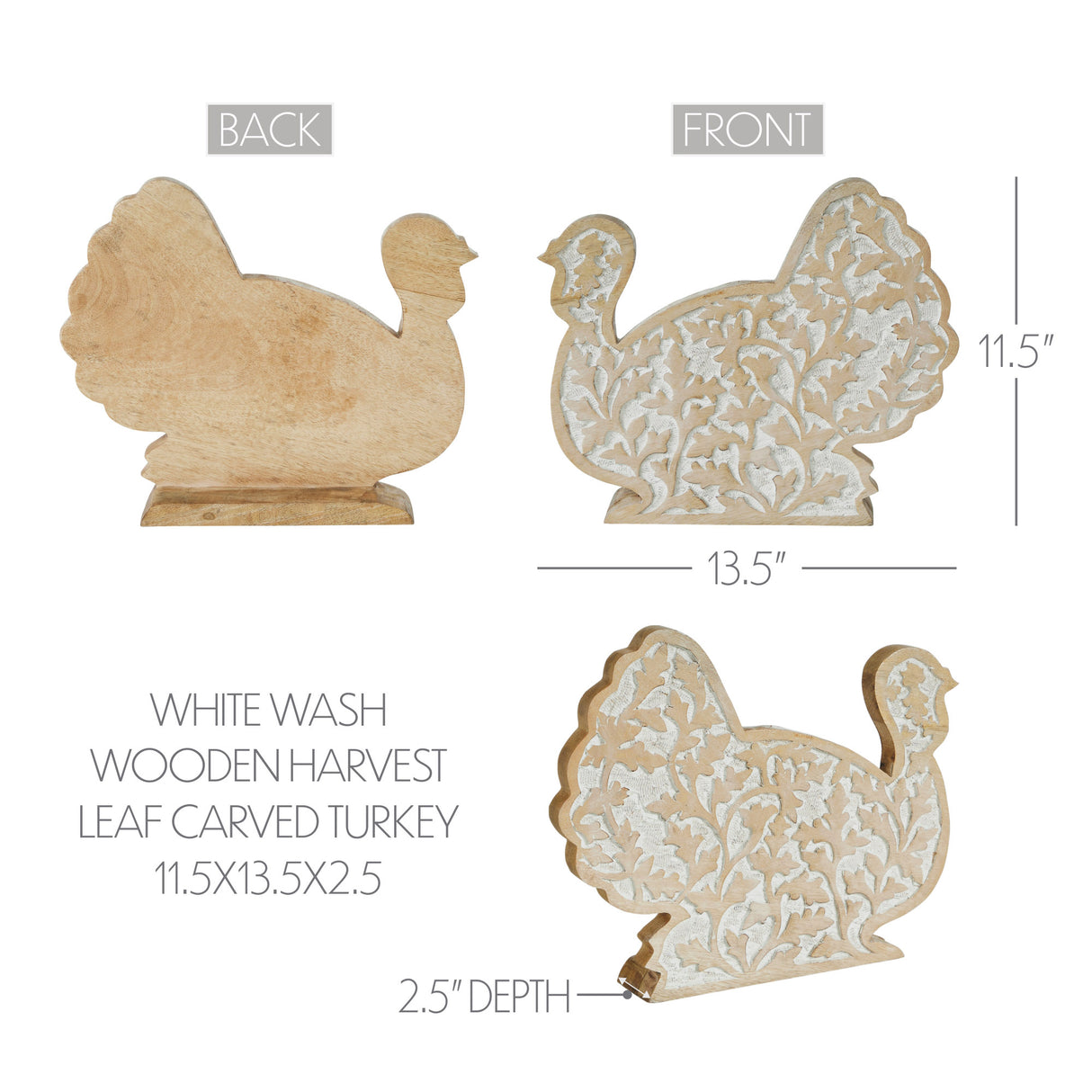 White Wash Wooden Harvest Leaf Carved Turkey 11.5x13.5x2.5
