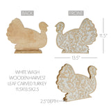 White Wash Wooden Harvest Leaf Carved Turkey 11.5x13.5x2.5