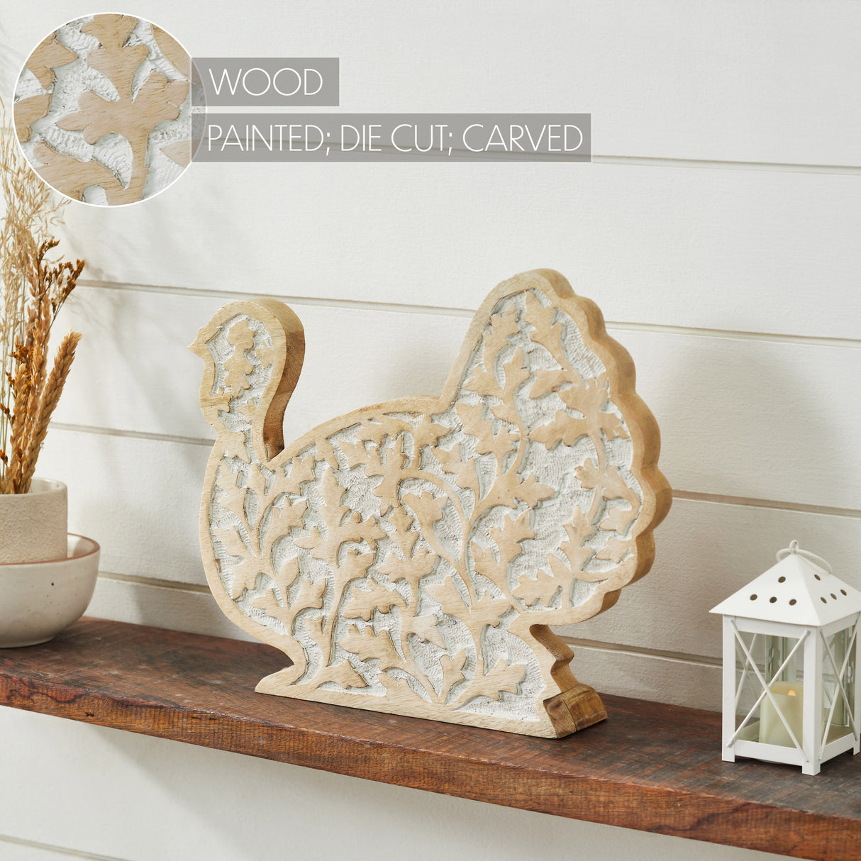 White Wash Wooden Harvest Leaf Carved Turkey 11.5x13.5x2.5