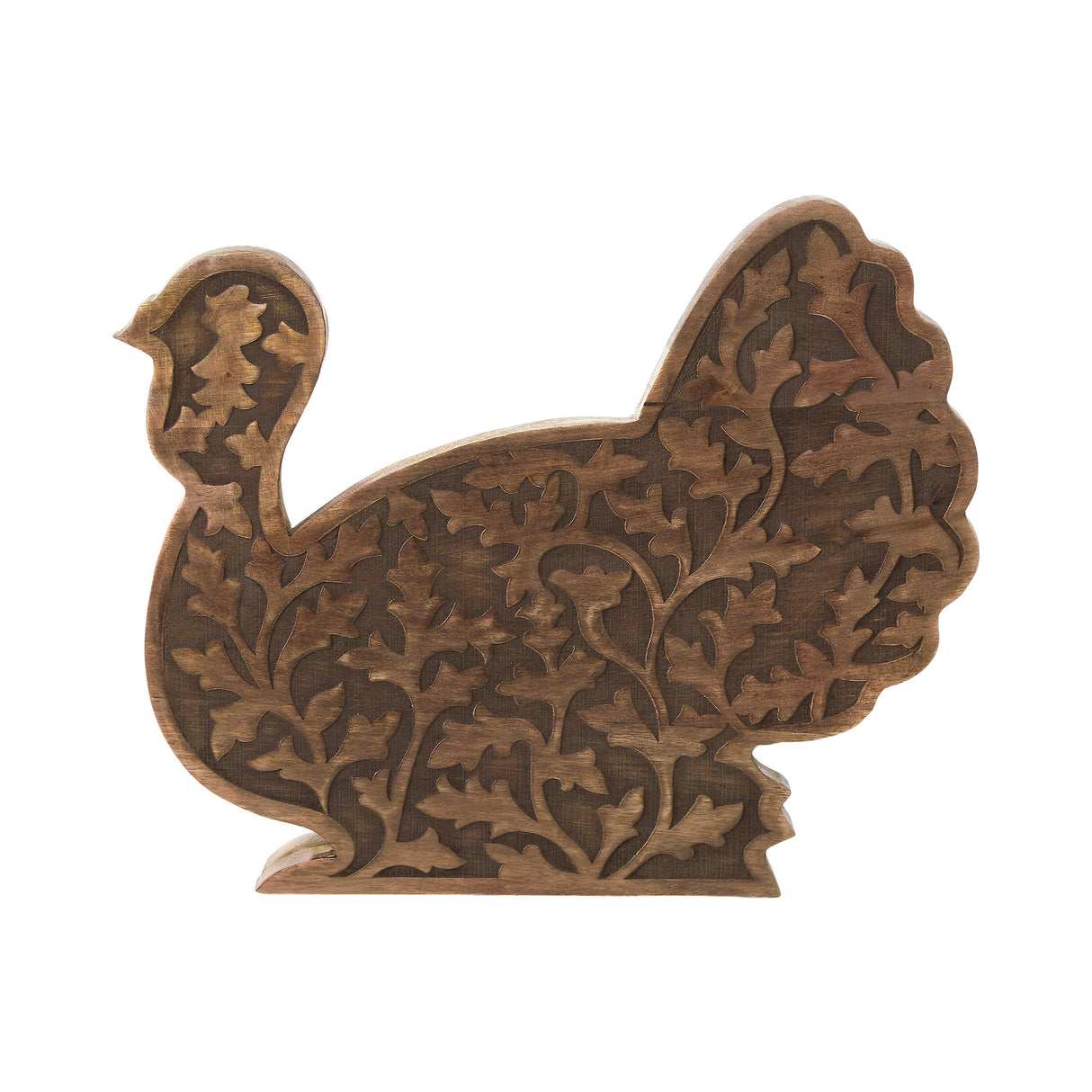 Dark Wooden Harvest Leaf Carved Turkey 11.5x13.5x2.5