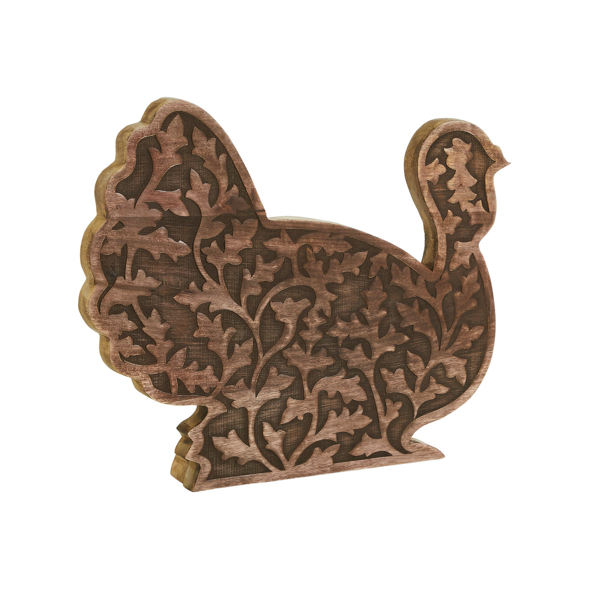 Dark Wooden Harvest Leaf Carved Turkey 11.5x13.5x2.5