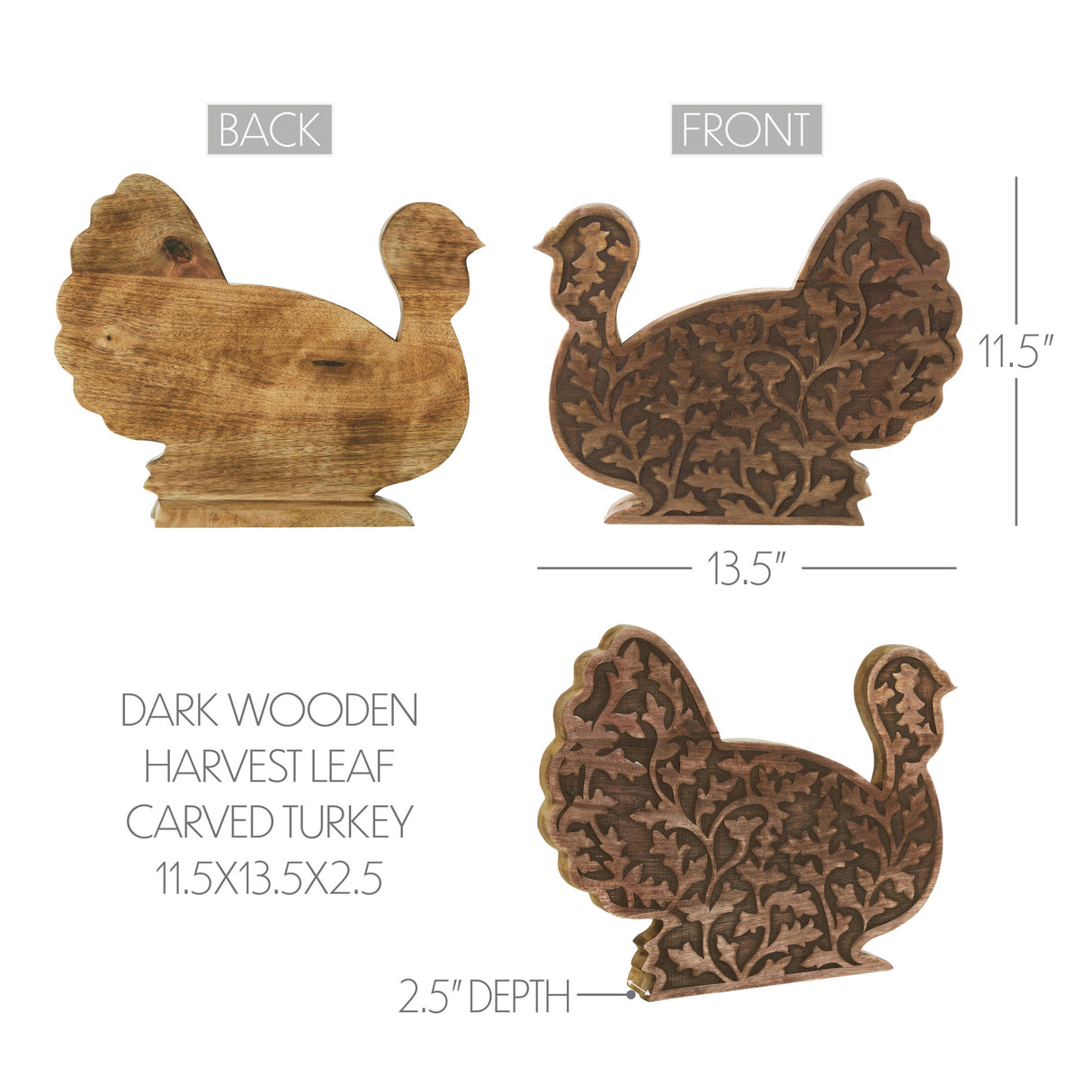 Dark Wooden Harvest Leaf Carved Turkey 11.5x13.5x2.5