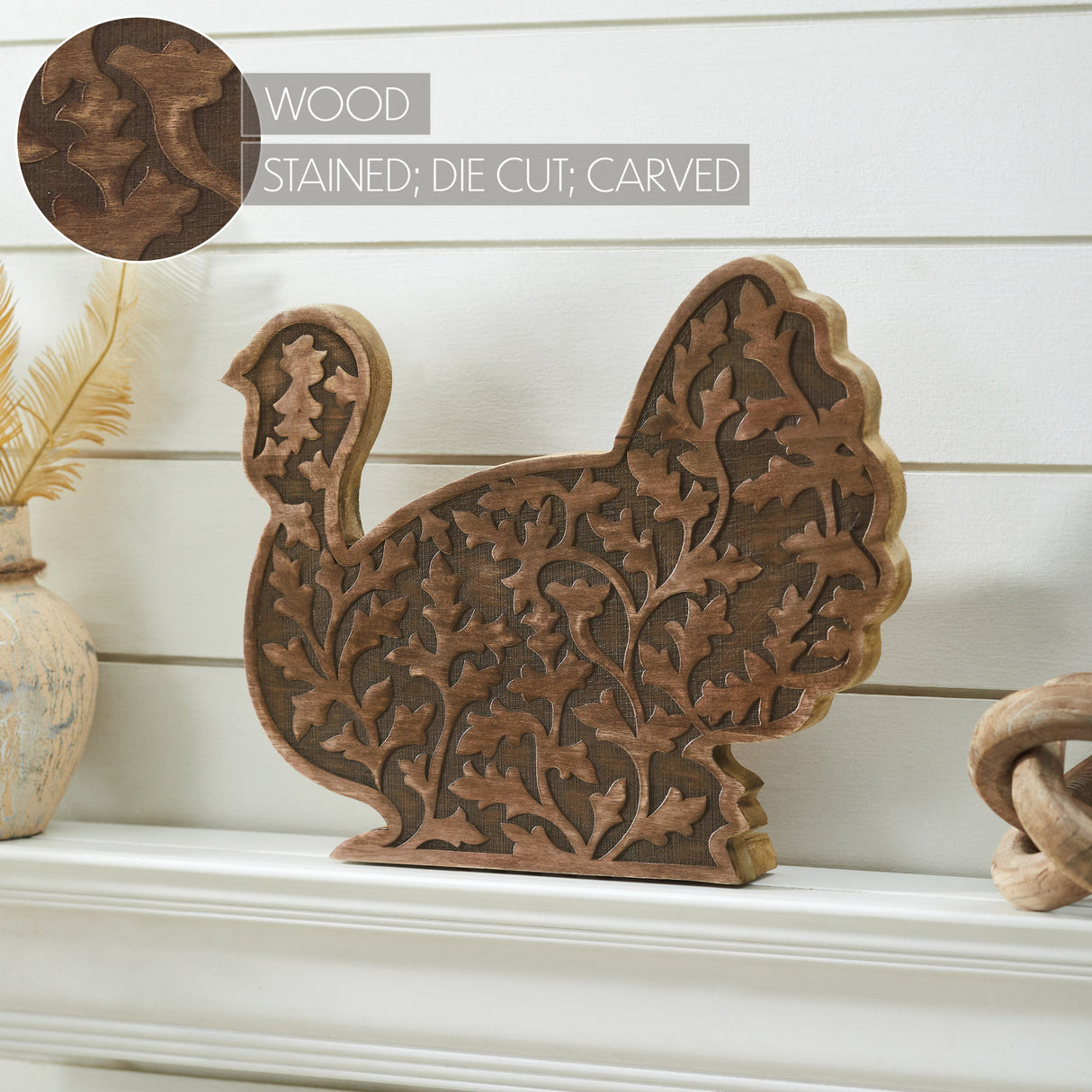 Dark Wooden Harvest Leaf Carved Turkey 11.5x13.5x2.5