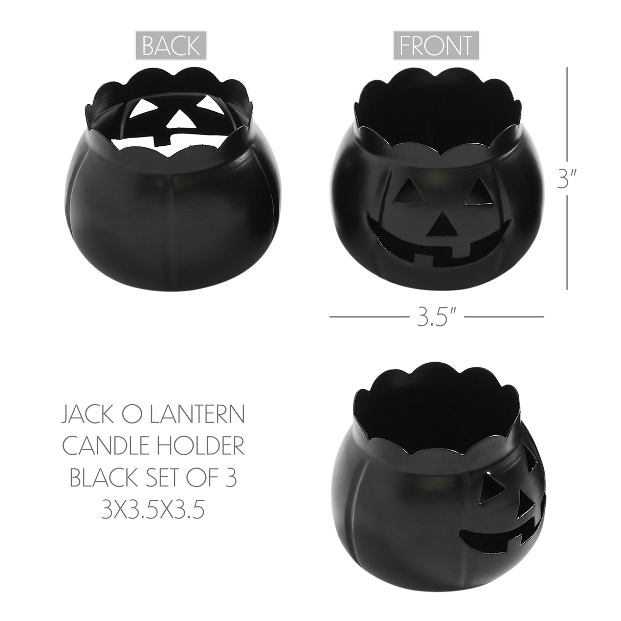 Jack-O-Lantern Candle Holder Black Set of 3 - 3x3.5x3.5