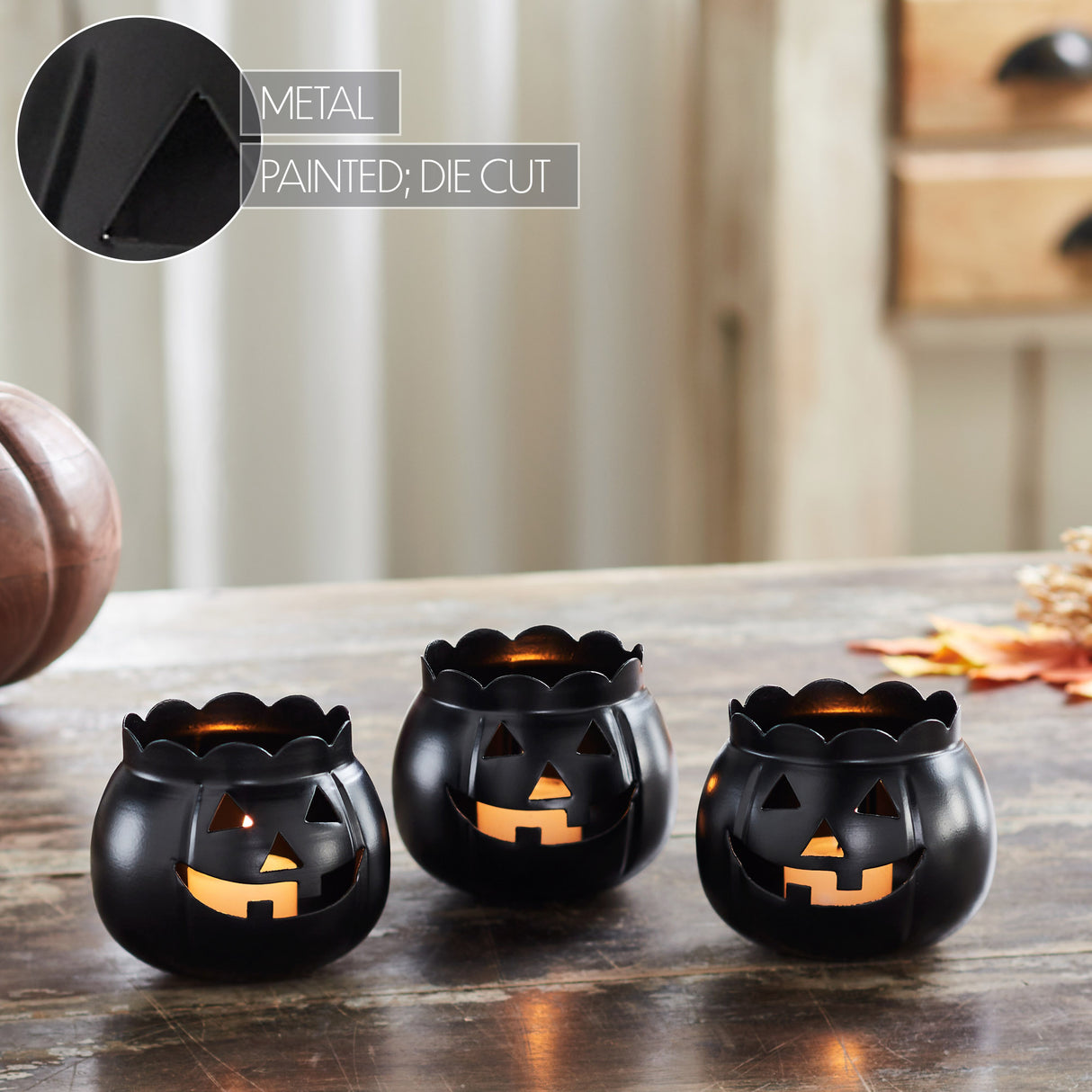 Jack-O-Lantern Candle Holder Black Set of 3 - 3x3.5x3.5