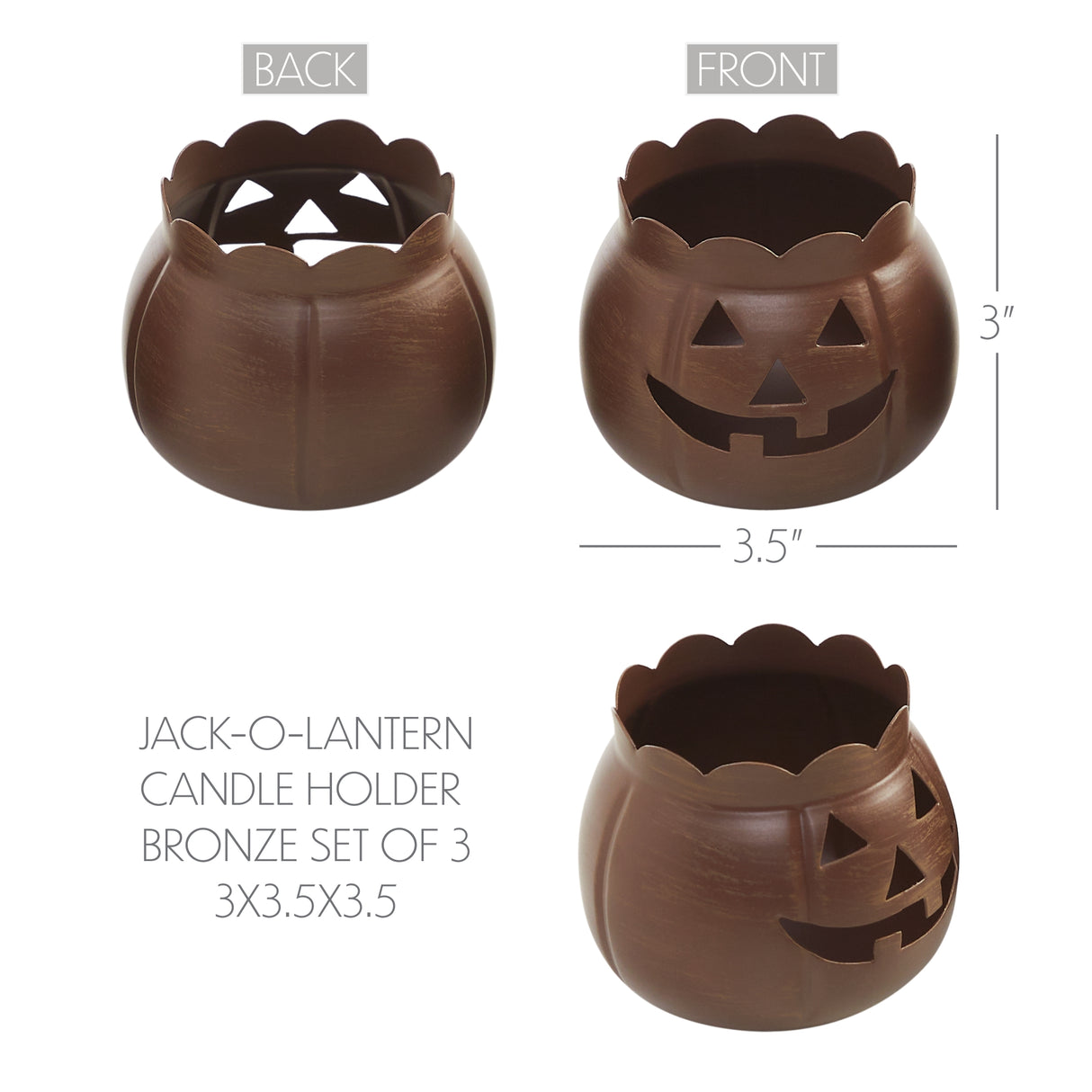 Jack-O-Lantern Candle Holder Bronze Set of 3 - 3x3.5x3.5