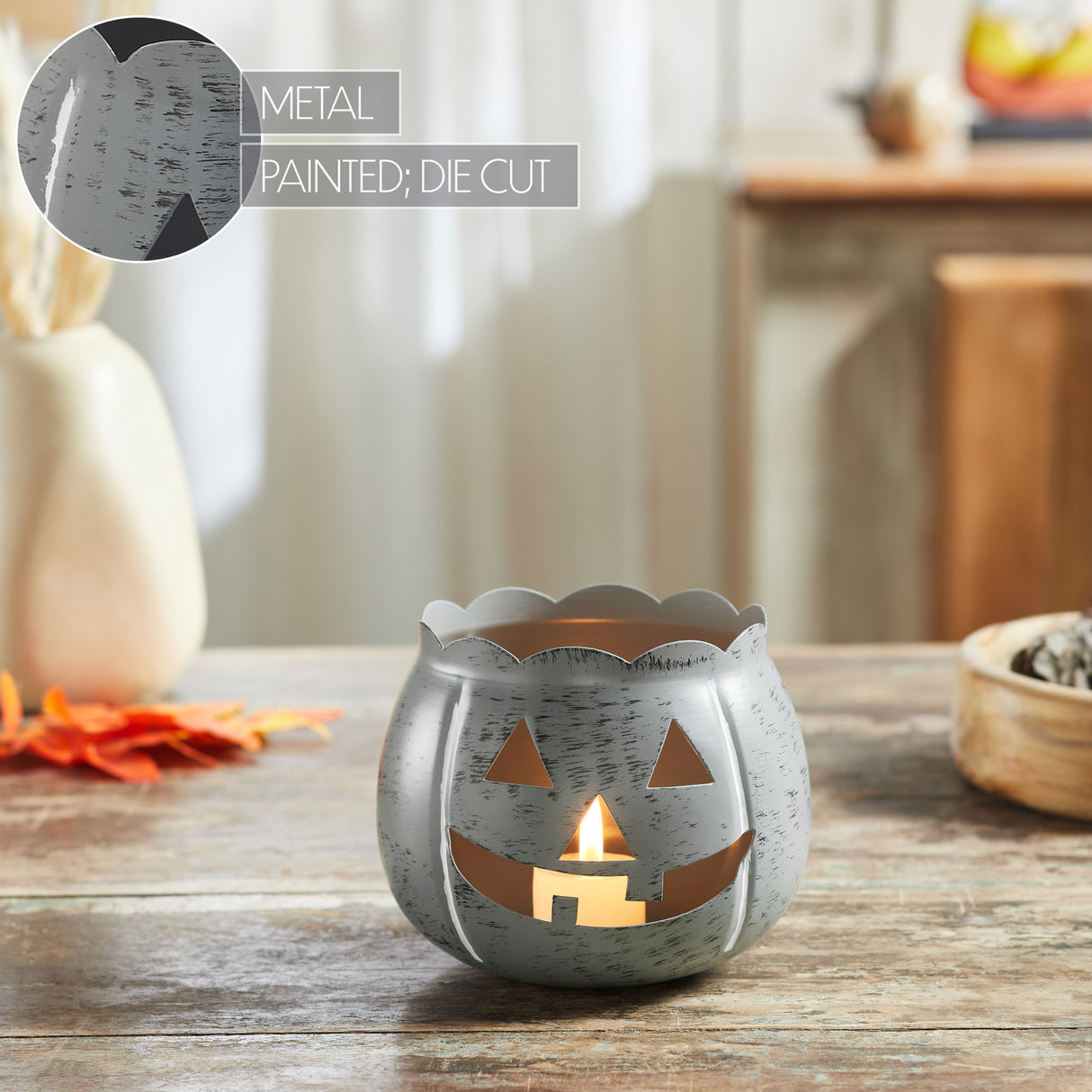 Jack-O-Lantern Candle Holder Antique Grey 4.25x5.25x5.25