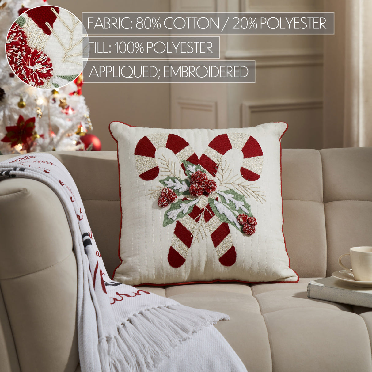 Candy Cane & Holly Pillow 18x18