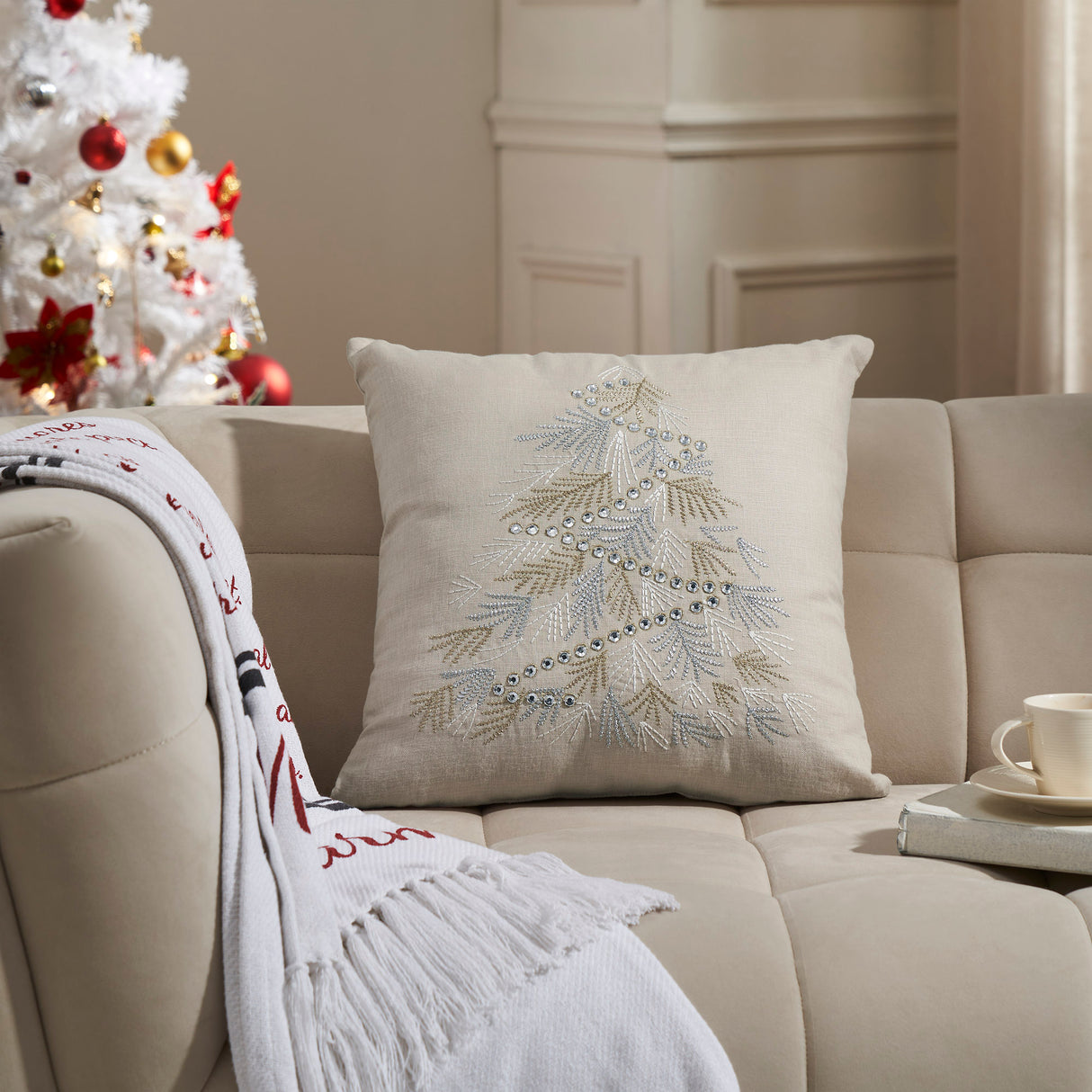 Silver and Gold Pine Tree Embroidered Pillow 18x18