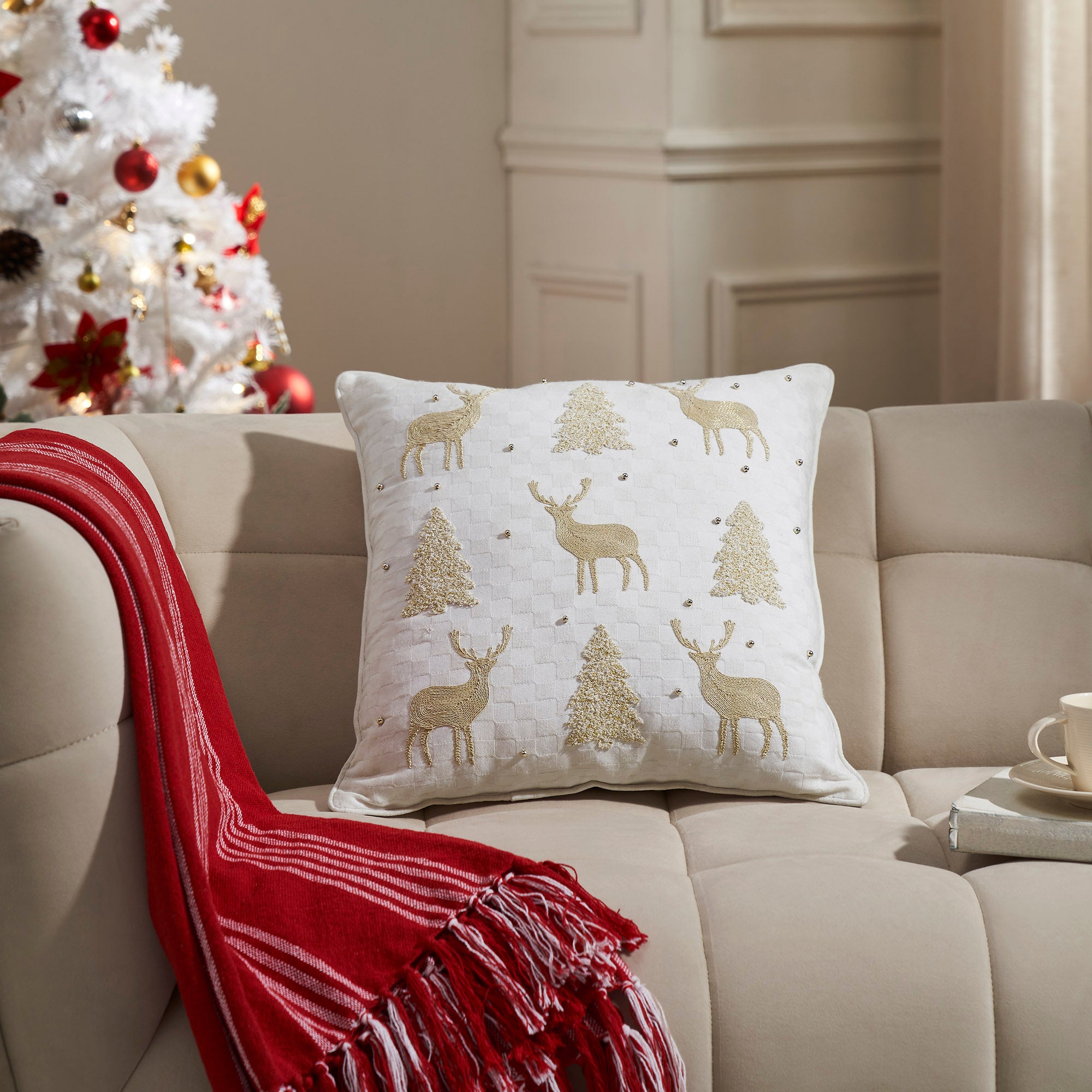 Golden Deer and Pine Embroidered Pillow - Thumbnail 2