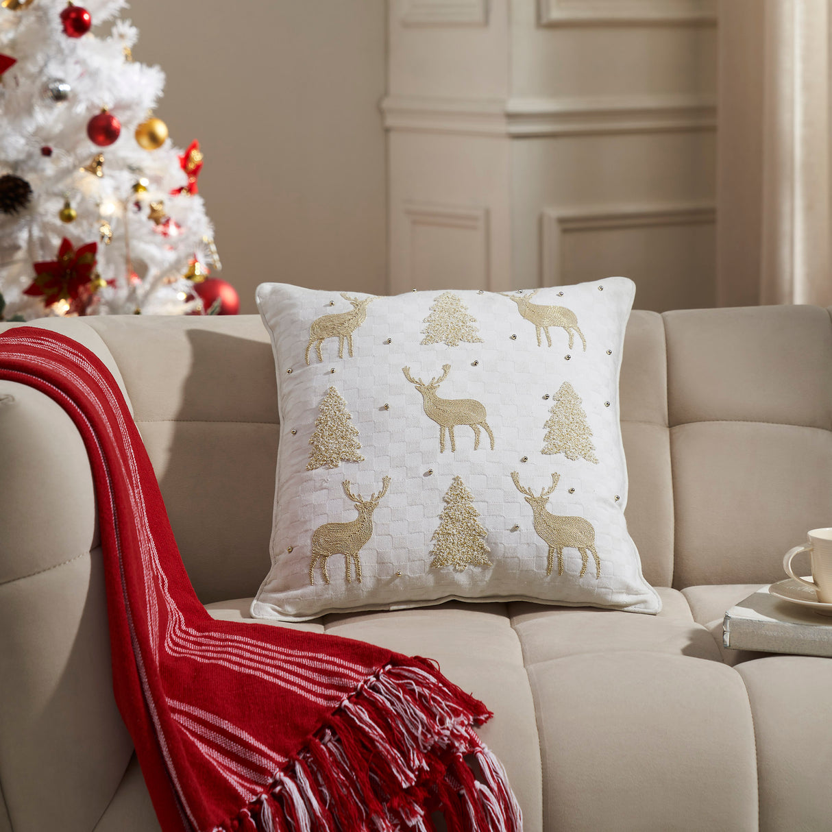 Golden Deer and Pine Embroidered Pillow 18x18