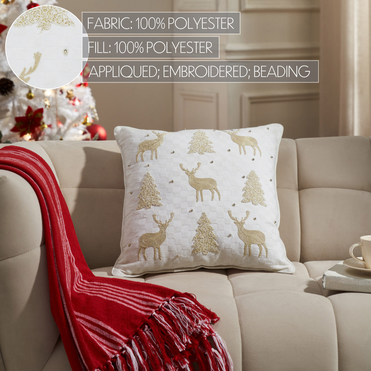 Golden Deer and Pine Embroidered Pillow 18x18