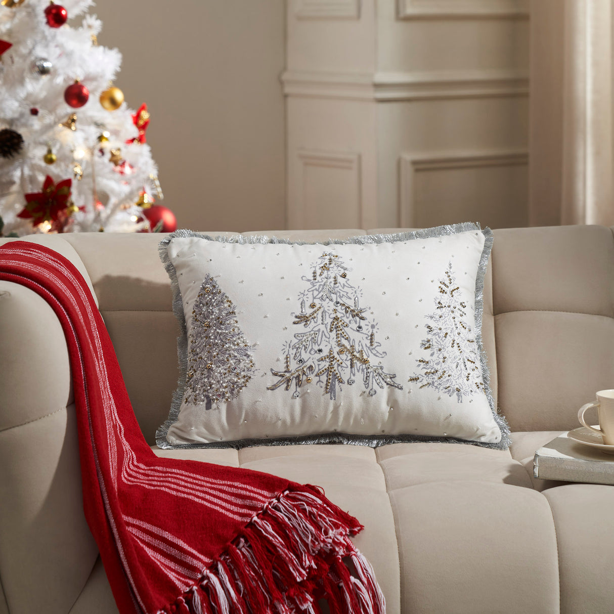 White Christmas Silver and Gold Embroidered Pillow with Beads 14x20