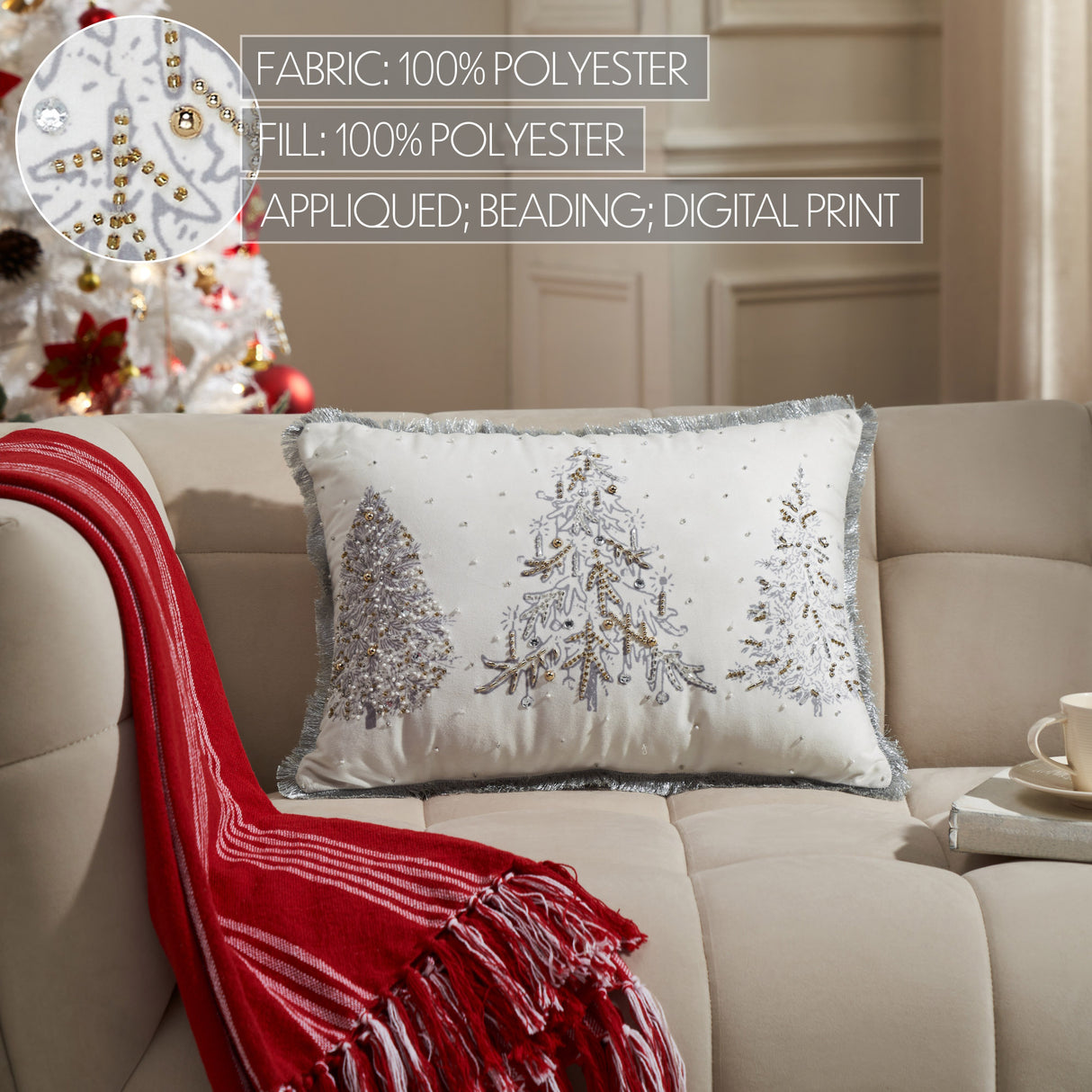 White Christmas Silver and Gold Embroidered Pillow with Beads 14x20