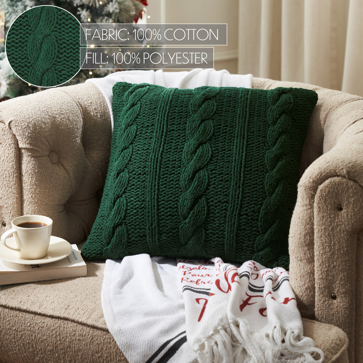 Cable Knit Sweater Pillow Green 18x18